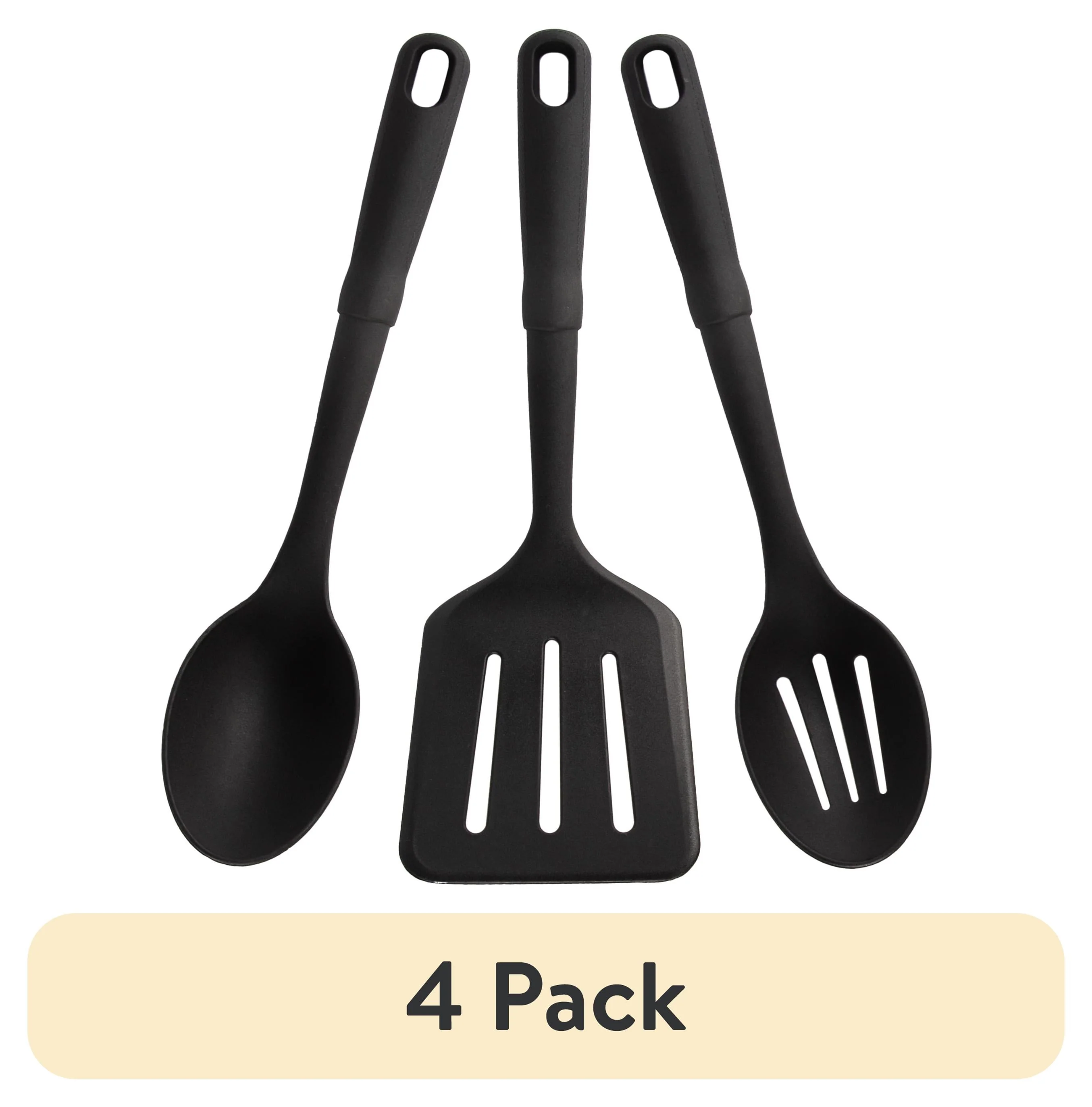 (4 pack) 3-Piece Kitchen Utensil Set. Slotted Spatula. Slotted Spoon and Solid Spoon. Black. Nylon