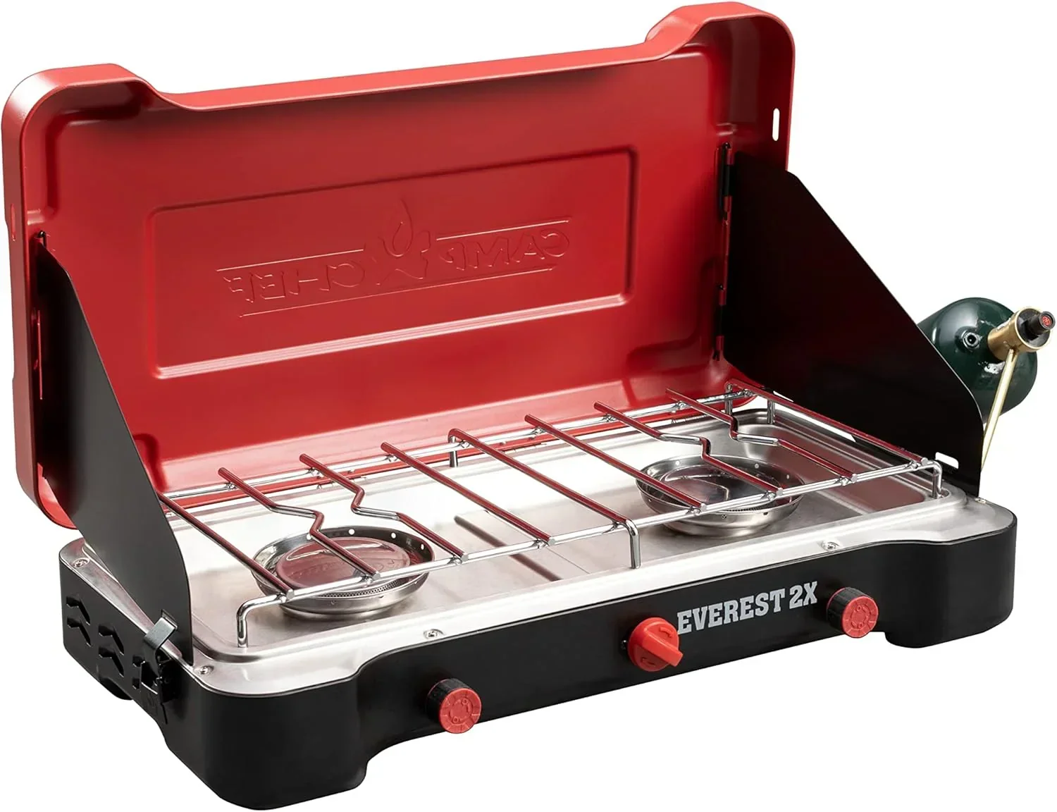 Camp Chef Mountain Series Everest 2X - High Output Two-Burner Camp Stove - Lid Doubles as Windscreen - Portable Cooking Stove - For Outdoor Cooking - 20.000 BTU Burners - 215 Sq In Cooking Area