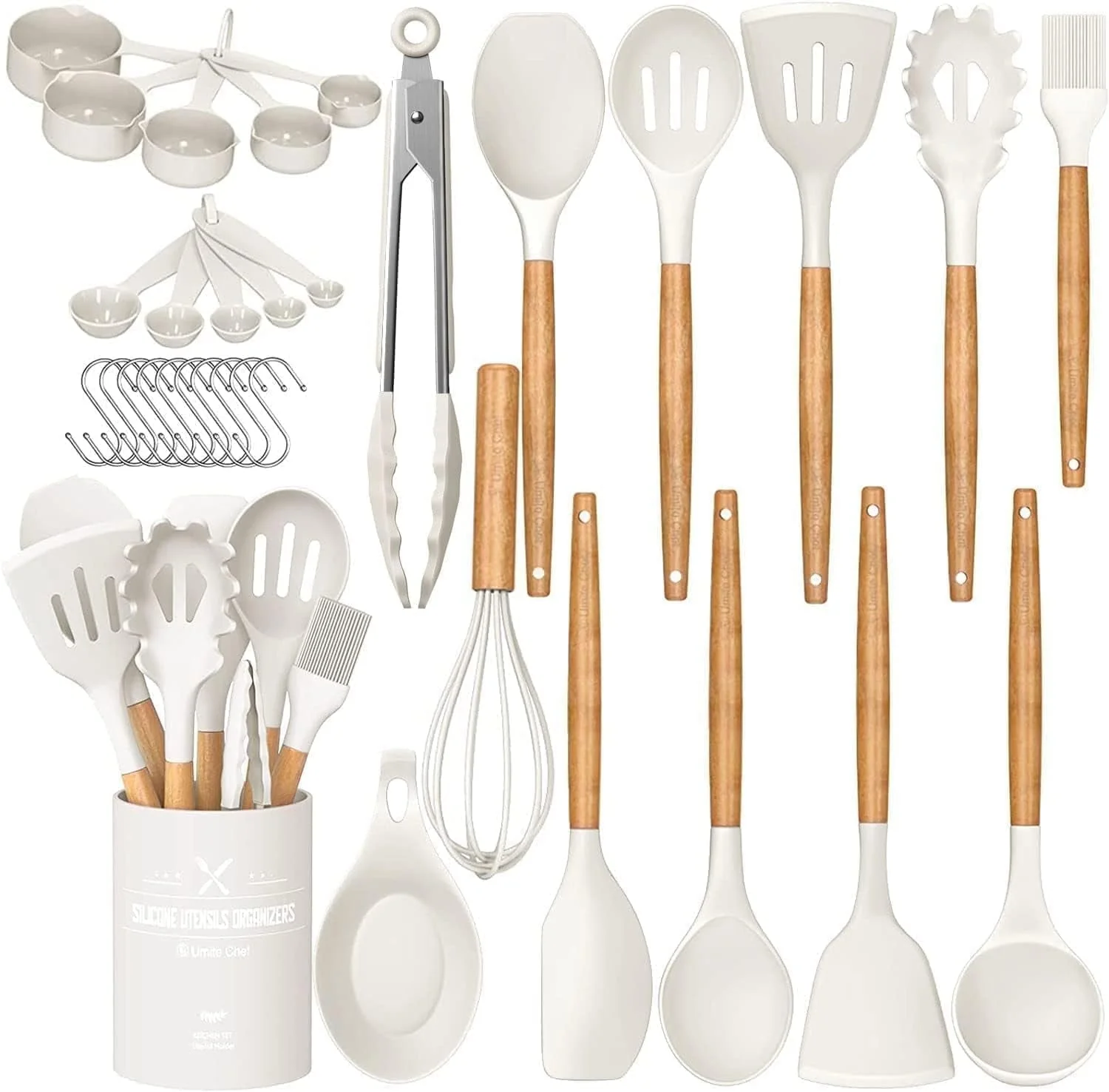 Kitchen Cooking Utensils Set. 33 pcs Non-stick Silicone Cooking Kitchen Utensils Spatula Set with Holder. Wooden Handle Silicone Kitchen Gadgets Utensil Set (Cream White)