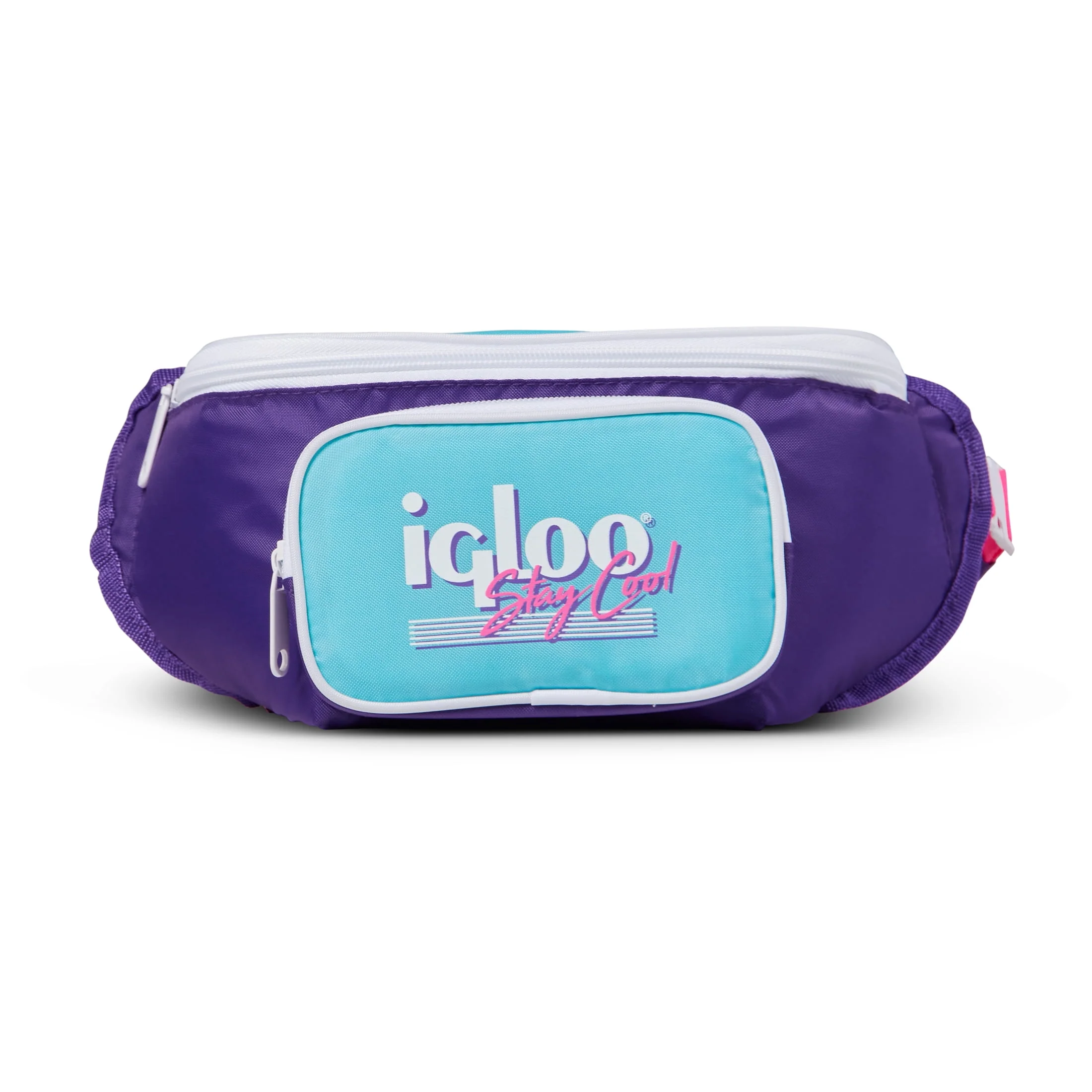 3 can Retro Fanny Pack Cooler Bag. Purple and Aqua Blue