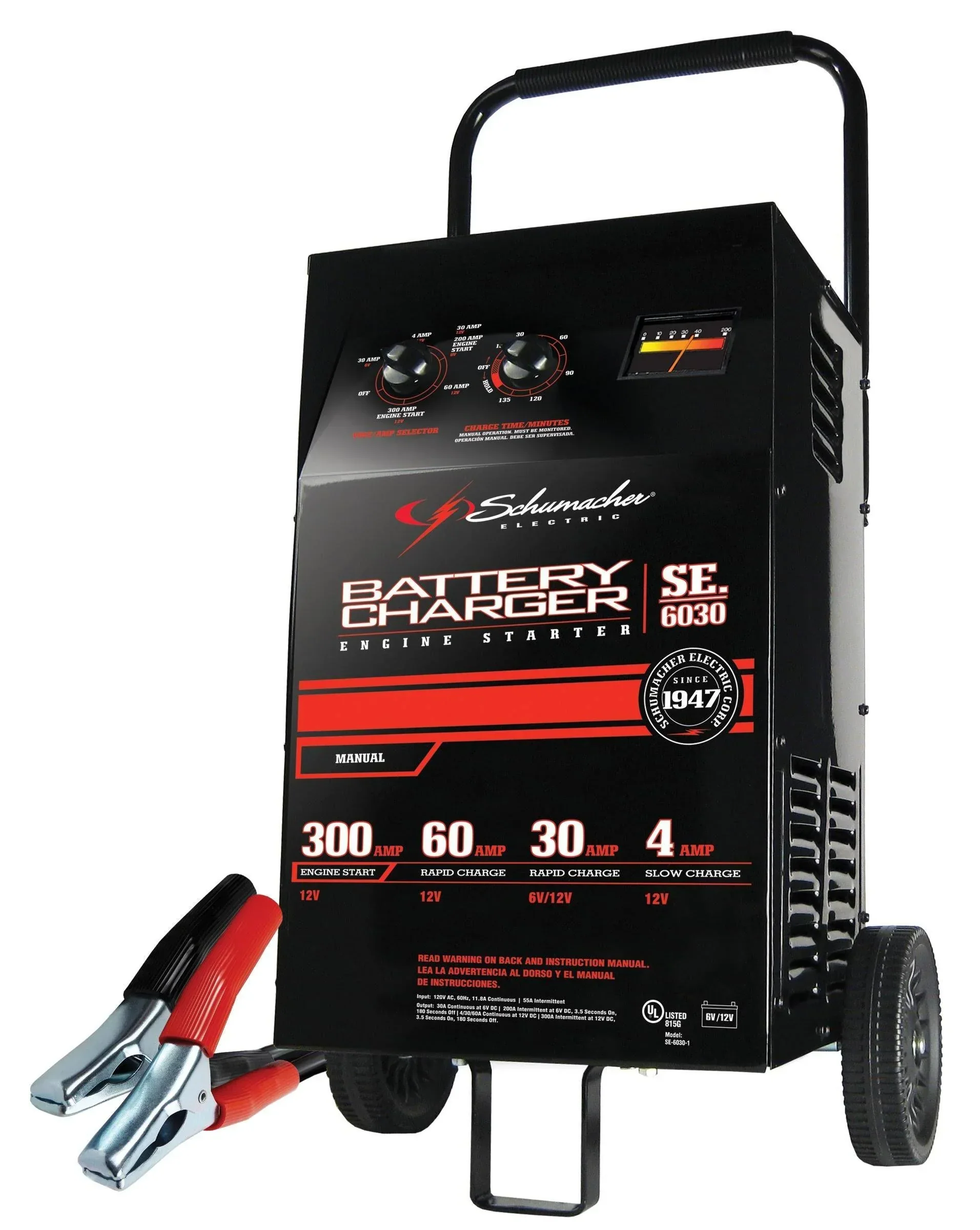 Electric Wheeled Battery Charger and Engine Starter. SC1446. 2-in-1. manual timer control. 300 crank amps. 6 volts. 12 volts. for car. SUV. truck and Marine batteries