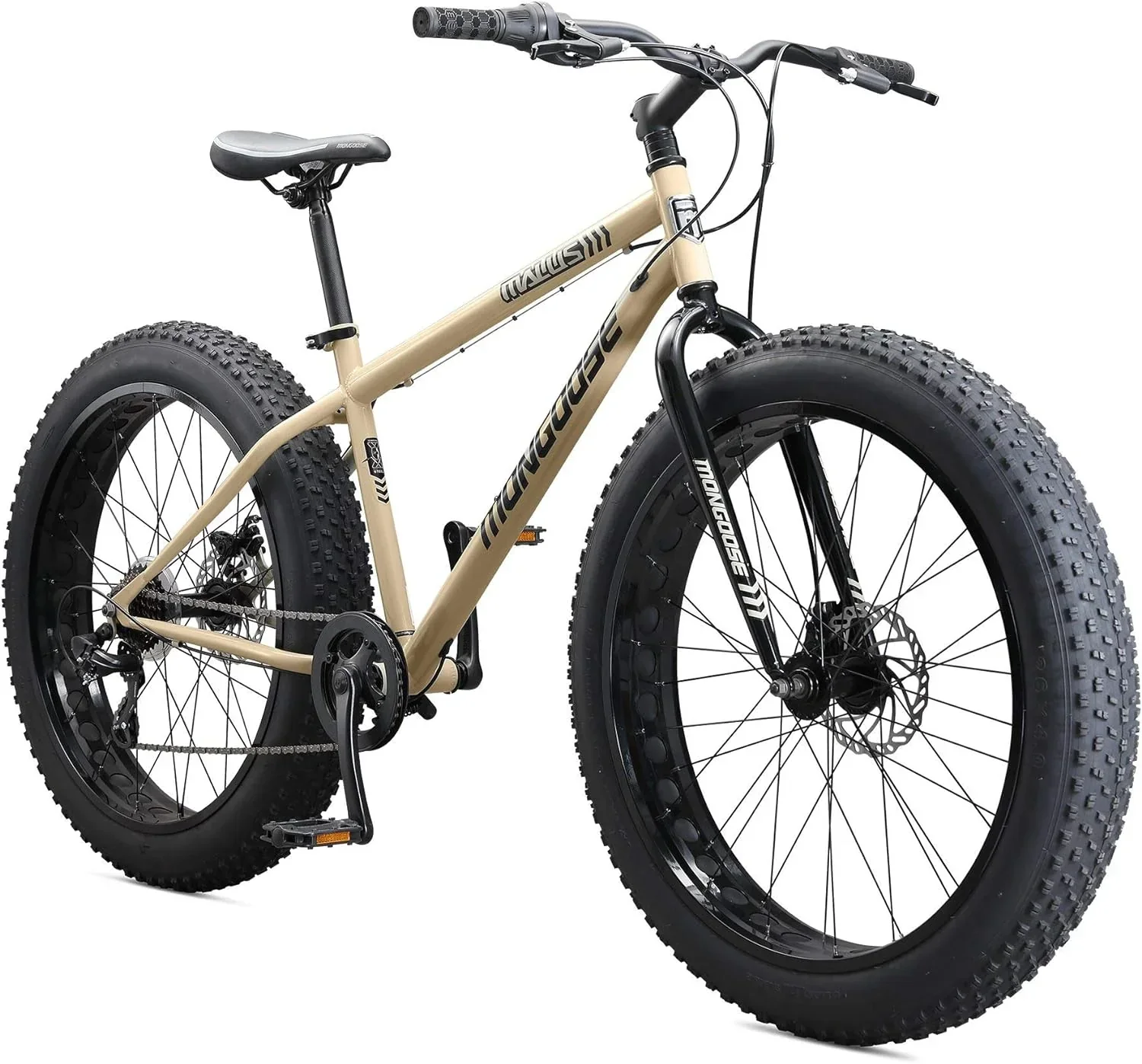 Mens and Women Fat Tire Mountain Bike. 26-Inch Bicycle Wheels. 4-Inch Wide Knobby Tires. Steel Frame. 7 Speed Drivetrain. Shimano Rear Derailleur. Disc Brakes
