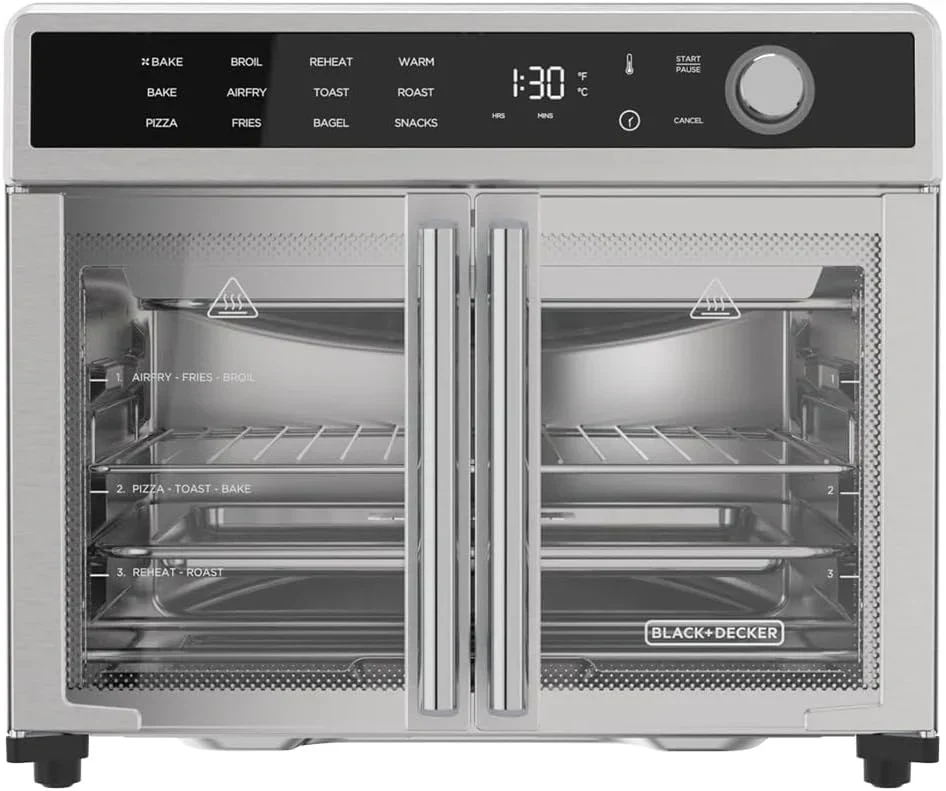 Crisp 'N Bake Air Fryer Toaster Oven Combo. 12 in 1 Countertop Convection Oven Cooks Food Fast. Fits a Whole Pizza or 6 Toast Slices. French Doors with Stainless Steel Finish