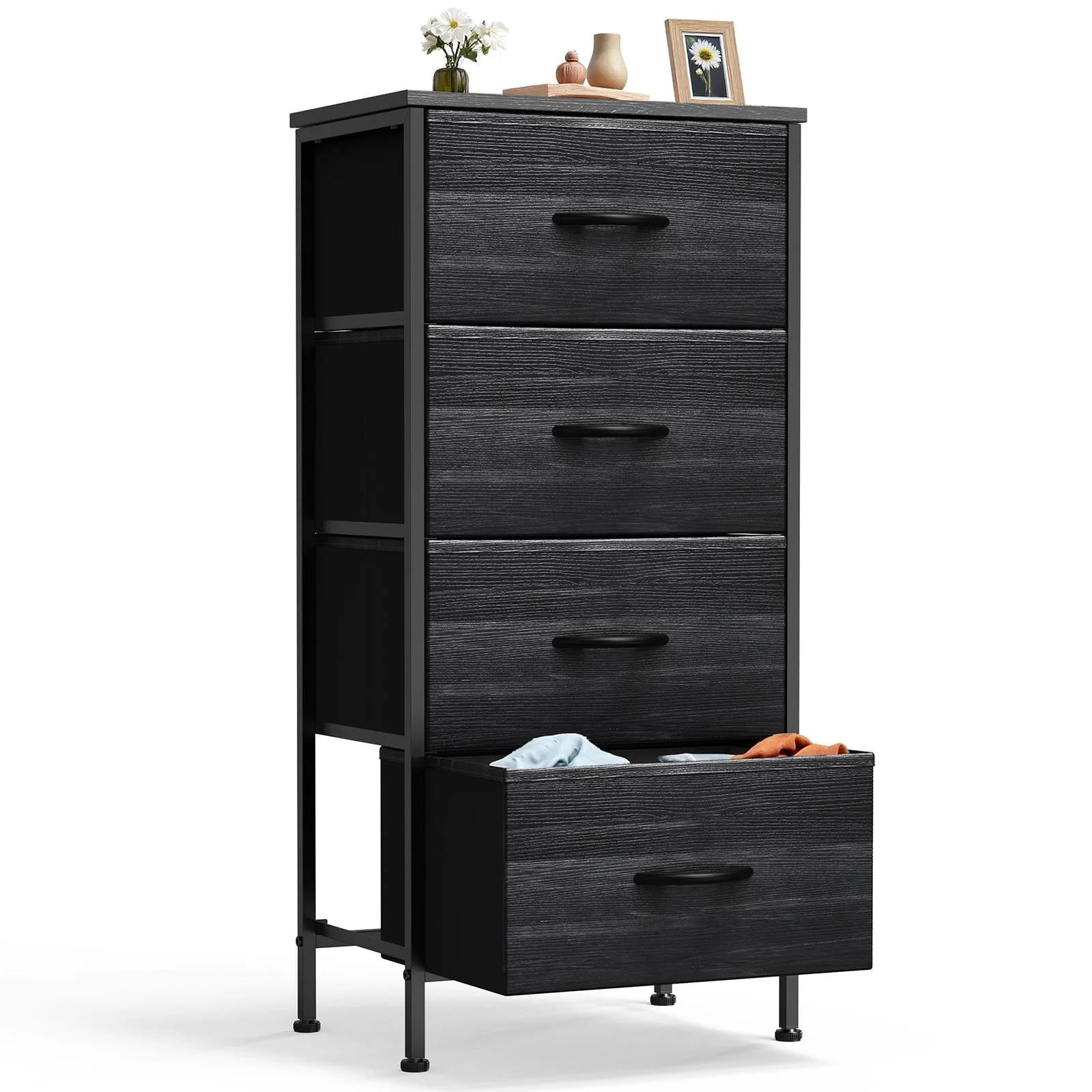 Dresser. Storage Organizer with 4 Drawers for Bedroom. Nightstands with Sturdy Metal Frame. Wood Tabletop for LivingRoom. Entryway.Black