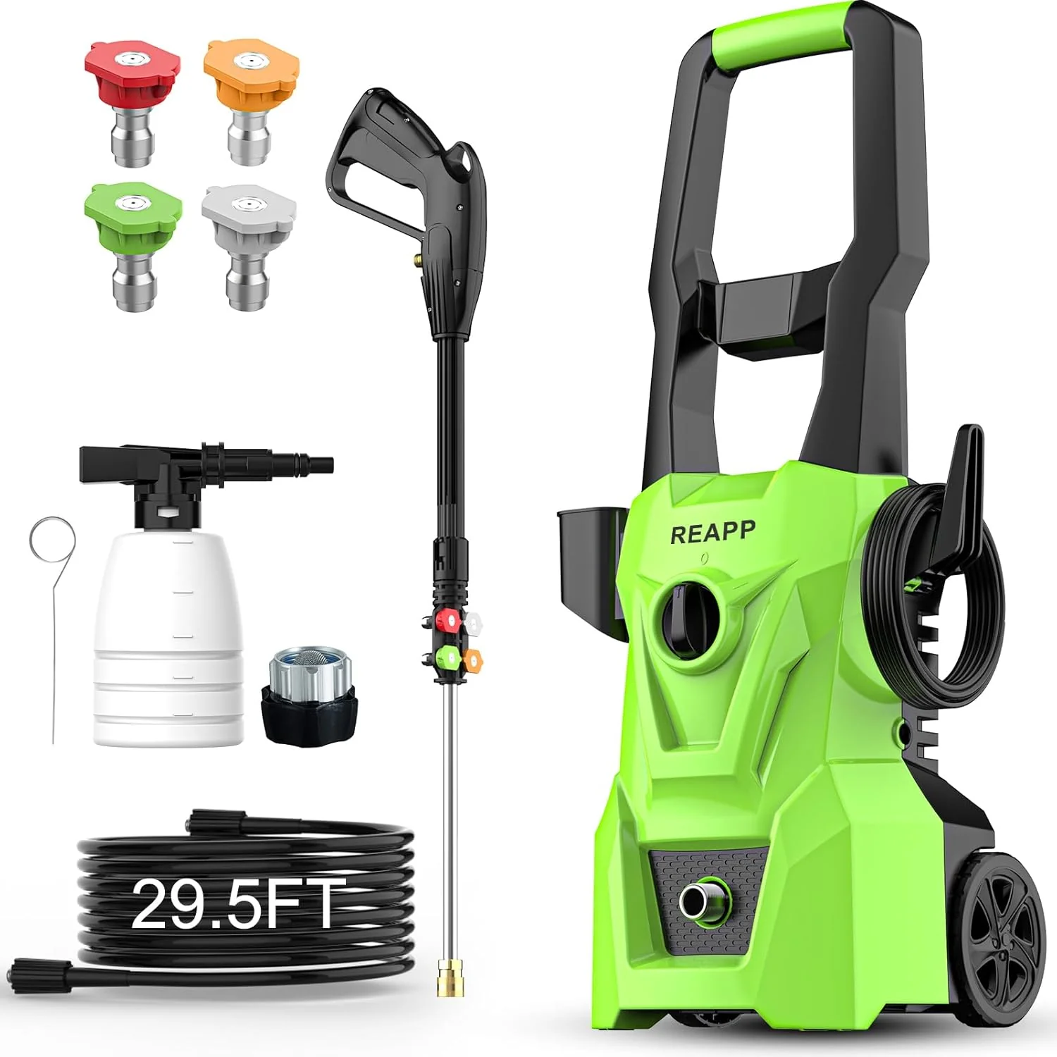 Electric high-pressure cleaning machine. foam sprayer. 4 quick-connect high-pressure nozzles. 2400 pounds/square inch 2.4 gallons/minute powerful cleaning machine. high-pressure cleaning equipment for