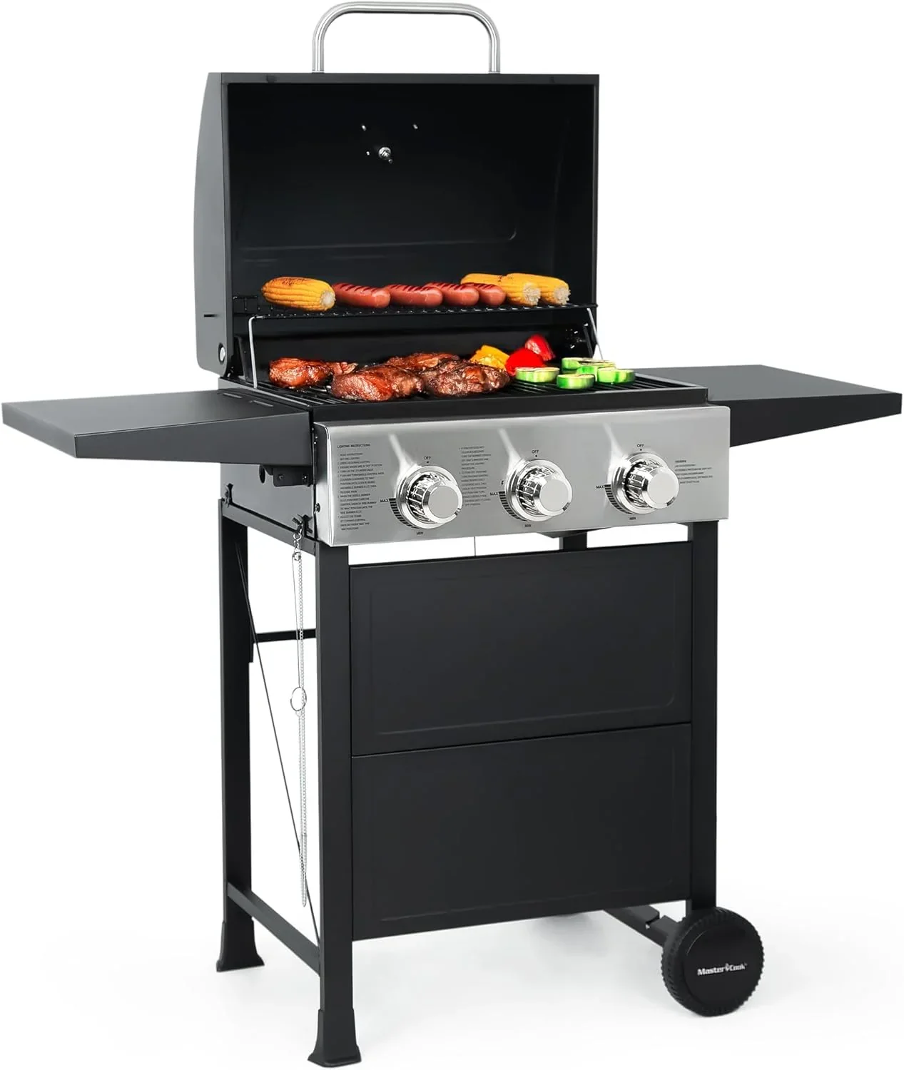 Burner BBQ Propane Gas Grill. Stainless Steel 30.000 BTU Patio Garden Barbecue Grill with Two Foldable Shelves