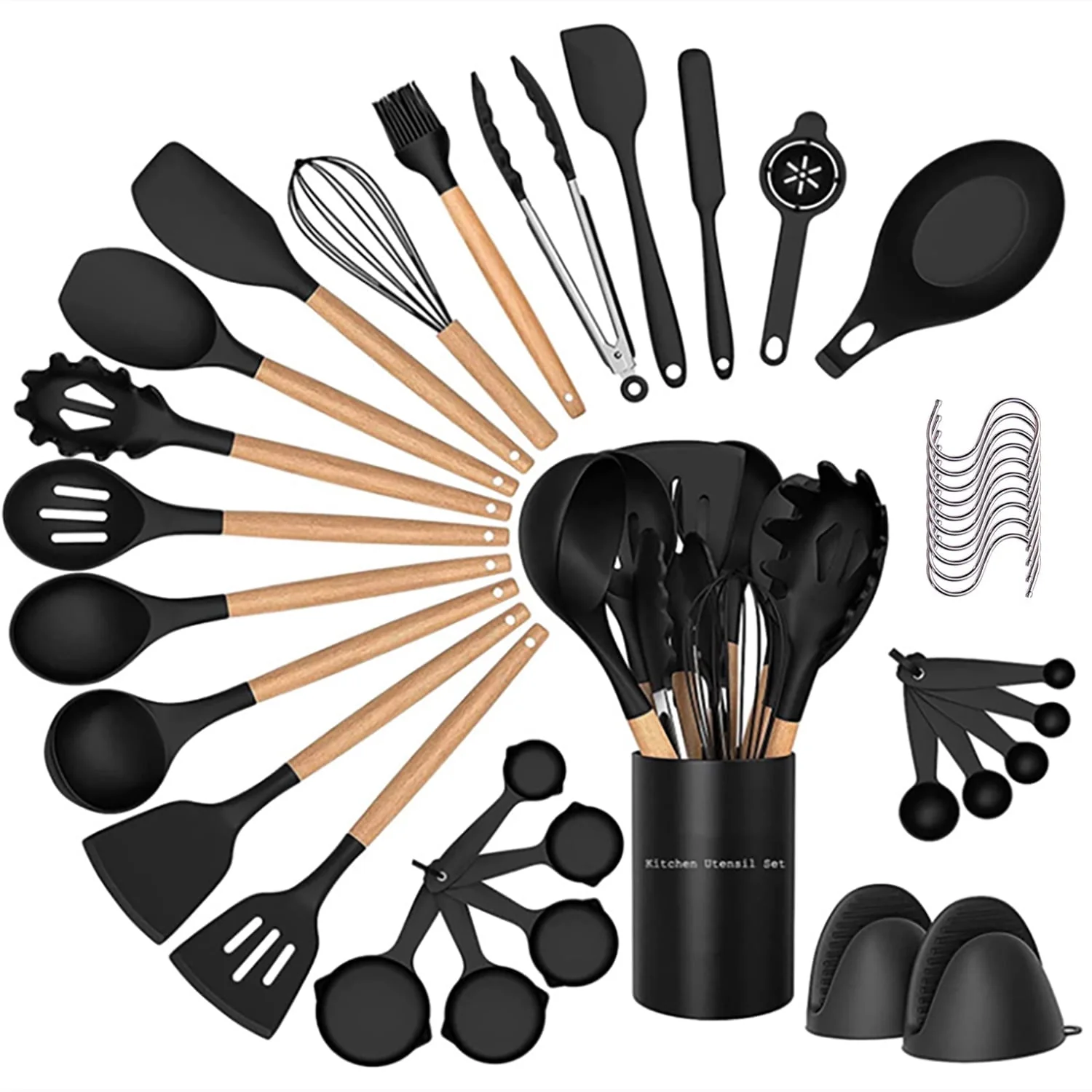 38 Pcs Silicone Cooking Utensils Kitchen Utensil Set - 446??F .Turner Tongs.Spatula.Spoon.Brush.Whisk. Wooden Handles Kitchen Gadgets Tools Set for Non-Stick Cookware (BPA Free).