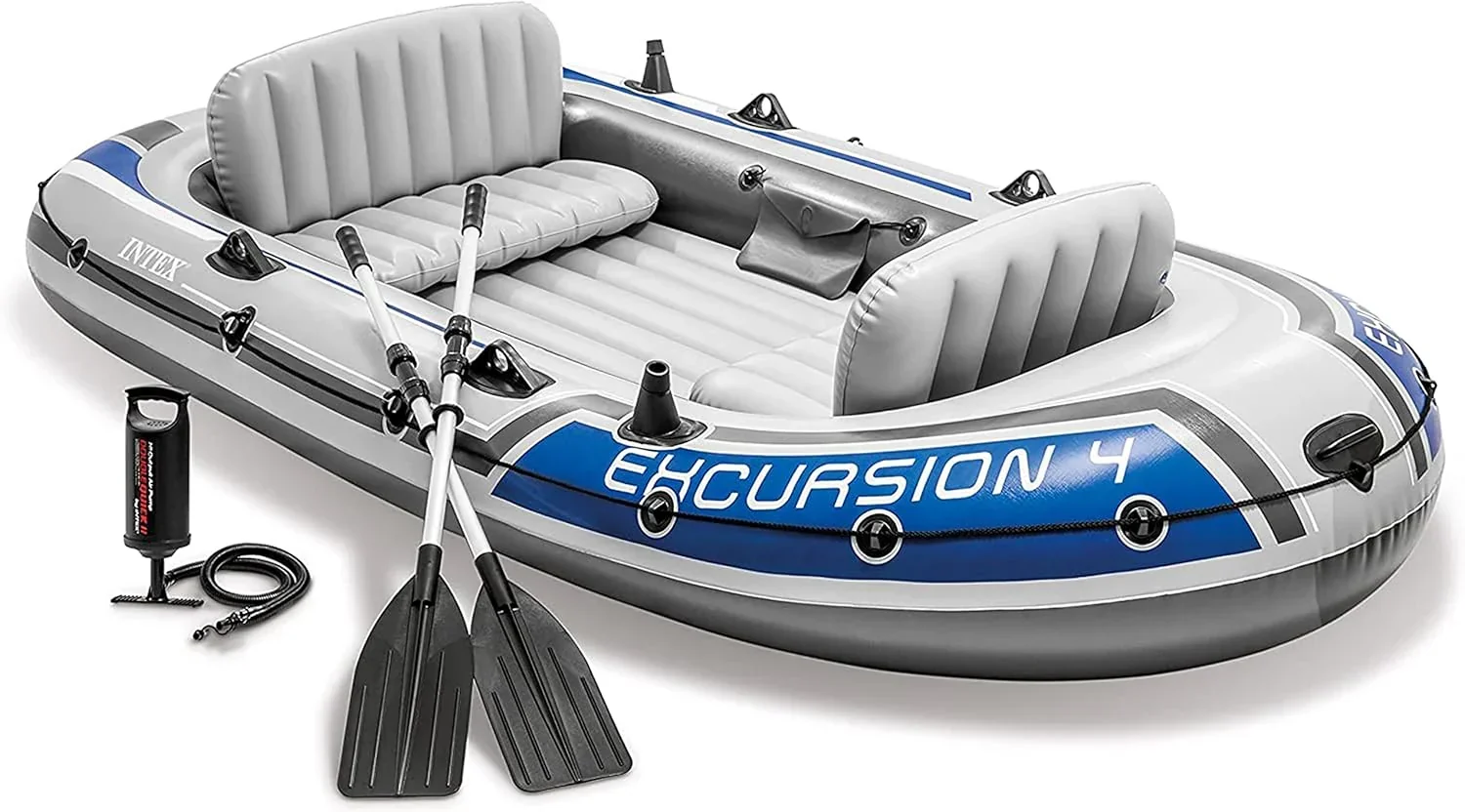 Excursion Inflatable Boat Series: Includes Deluxe 54in Boat Oars and High-Output Pump ?C SuperTough PVC ?C Adjustable Seats with Backrest ?C Fishing Rod Holders ?C Welded Oar Locks