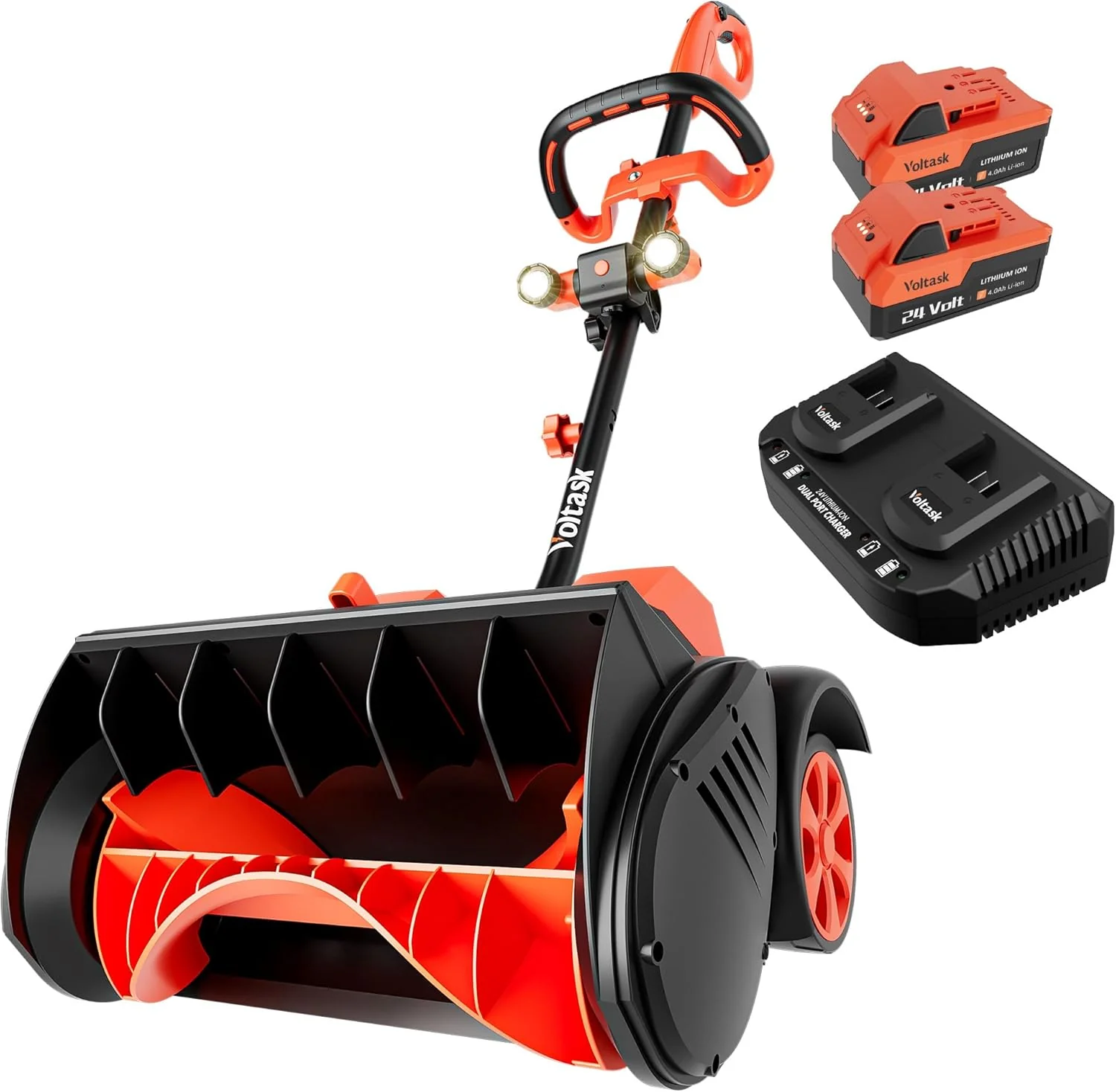 Cordless Snow Shovel with Wheels. 48V | 16-Inch | 4-Ah Brushless Cordless Snow Blower. Battery Snow Blower with Directional Plate & LED Lights (2 * 24V Battery & Dual Quick Charger Included)