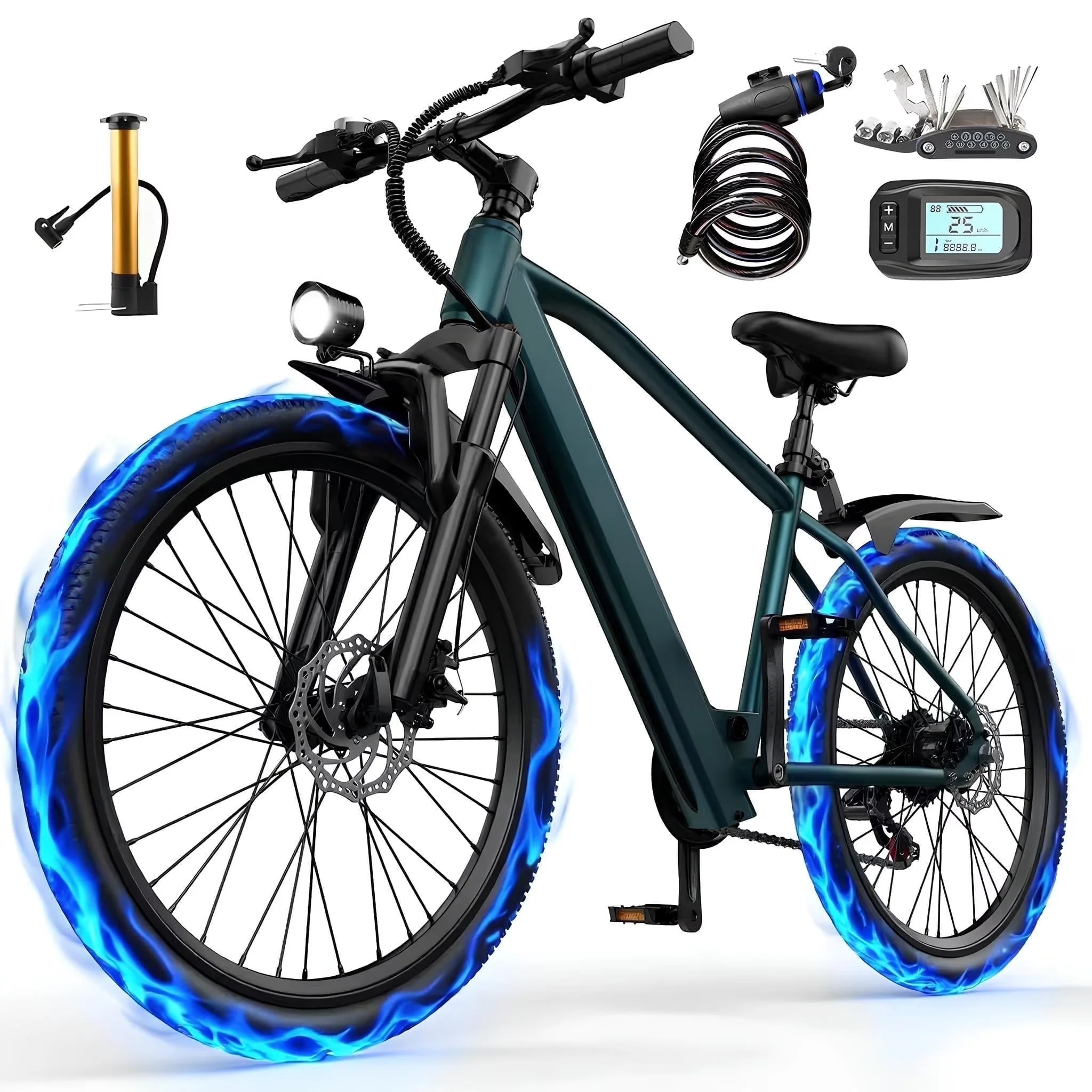 26 in Electric Bike for Adult.400W Motor.Top Speed 25MPH.40Miles Long Range.City Commuting E-bicycle With Front Fork Suspension. Dual Disc Brakes