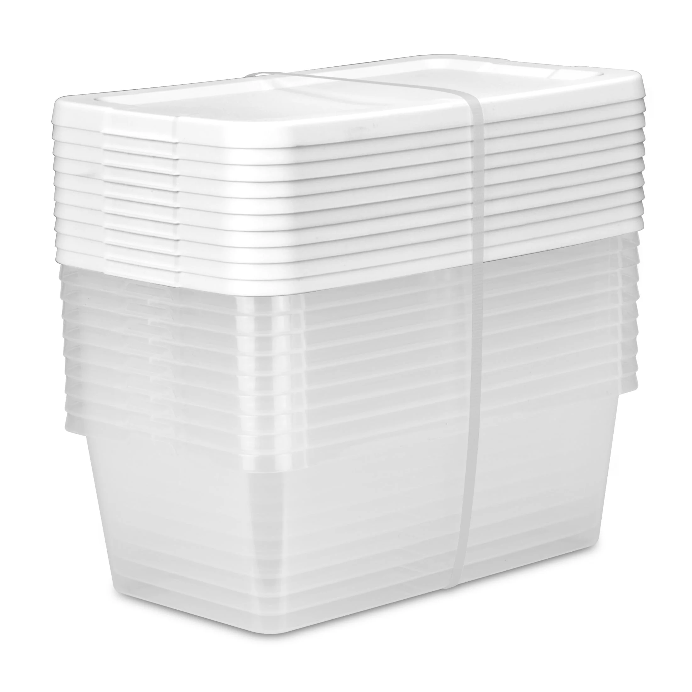 Set of (10) 6 Quart Small Storage Bins. Clear Plastic Storage Containers with Snap-on Lids. White