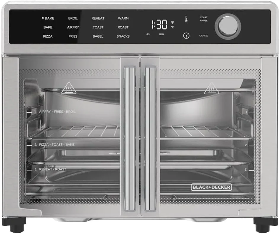 Fryer Toaster Oven Combo. 12 in 1 Countertop Convection Oven Cooks Food Fast. Fits a Whole Pizza or 6 Toast Slices. French Doors with Stainless Steel Finish