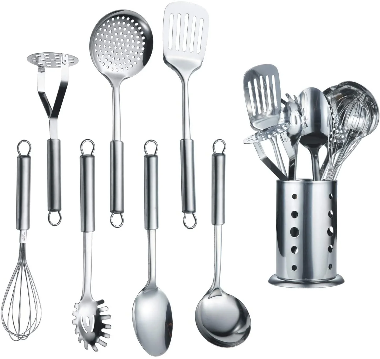 Cooking Utensils Set 8 Piece. Stainless Steel Kitchen Utensils Set with Utensil Holder. Kitchen Tool Set and Caddy