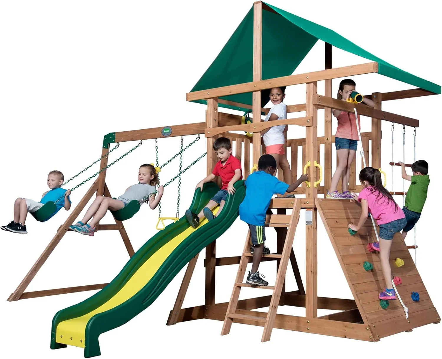 Mount Mckinley Cedar Wood Swing Set with Wave Slide. Play Deck. Double Rock Wall. Rope Ladder. Web Swing. Belt Swings. Toy Telescope. Steering Wheel. Sandbox Area. Outdoor Playset