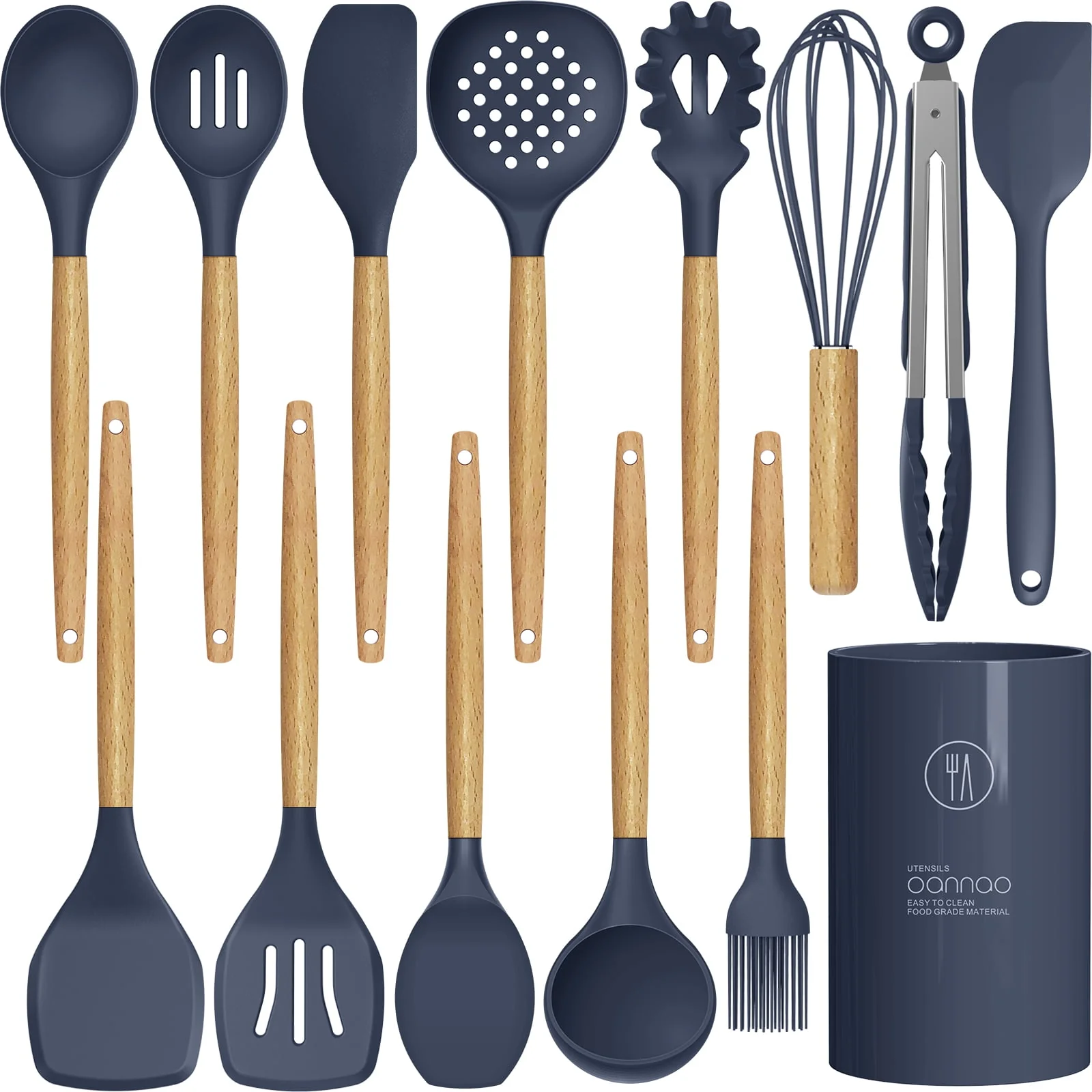 Silicone Cooking Utensils Set - 446??F Silicone Kitchen Utensils for Cooking.Kitchen Utensil Spatula Set w Wooden Handles and Holder. BPA FREE Gadgets for Non-Stick Cookware (Navy Blue)