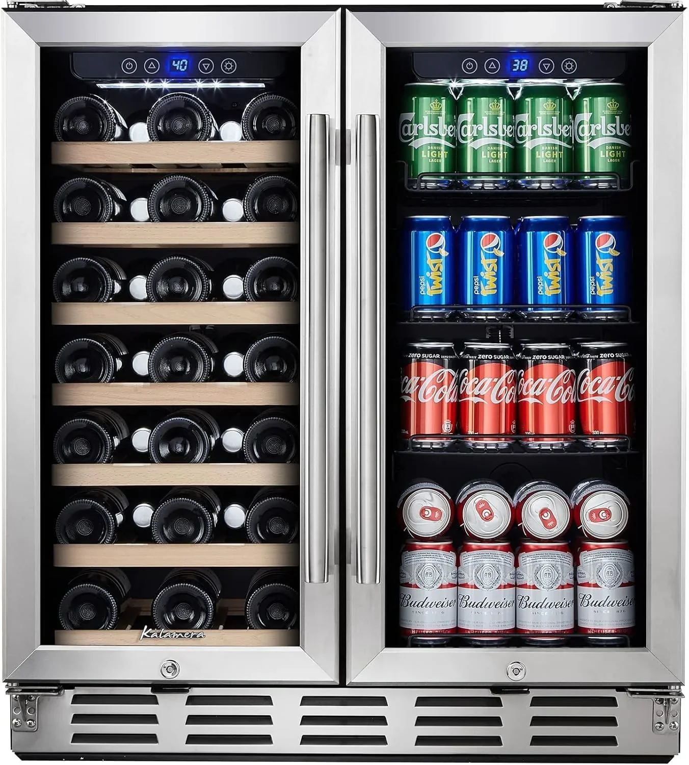 24 inch Wine Cooler. 46 Bottle - Dual Zone Built-in or Freestanding Fridge with Stainless Steel Reversible Glass Door. for Home. Kitchen. or Office.