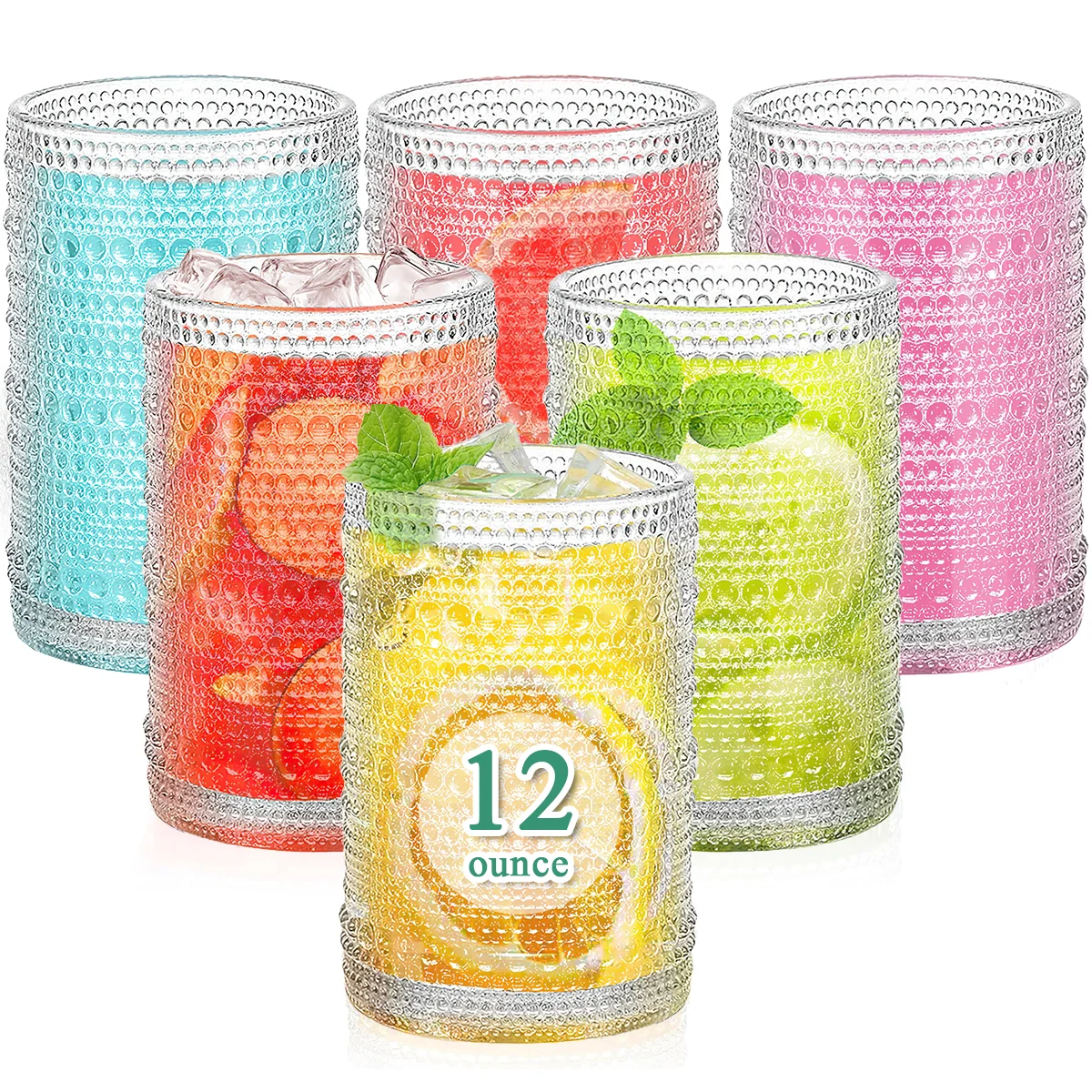 12 oz Vintage Hobnail Drinking Glasses .Hobnail Glass Cups Set of 6. Embossed Water Tumbler. Cups for Kitchen. Beaded Glassware. Highball Glasses for Whiskey. Juice. Water. Beer