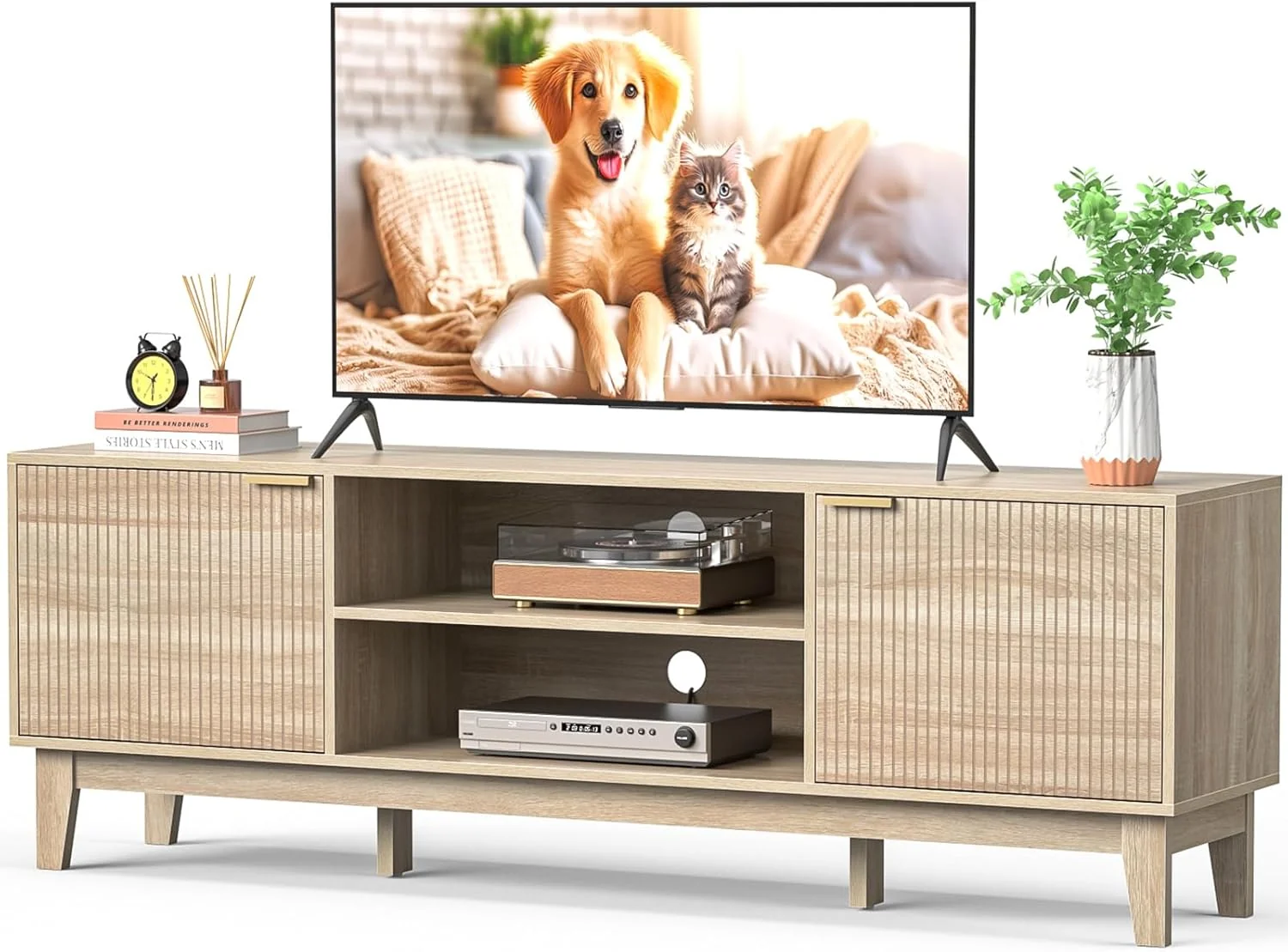 70 TV Stand for Living Room. Fluted Mid-Century Modern TV Console for TVs up to 80 inch. Farmhouse Entertainment Center with 2 Storage. Media Console Table for Living Room. Oak