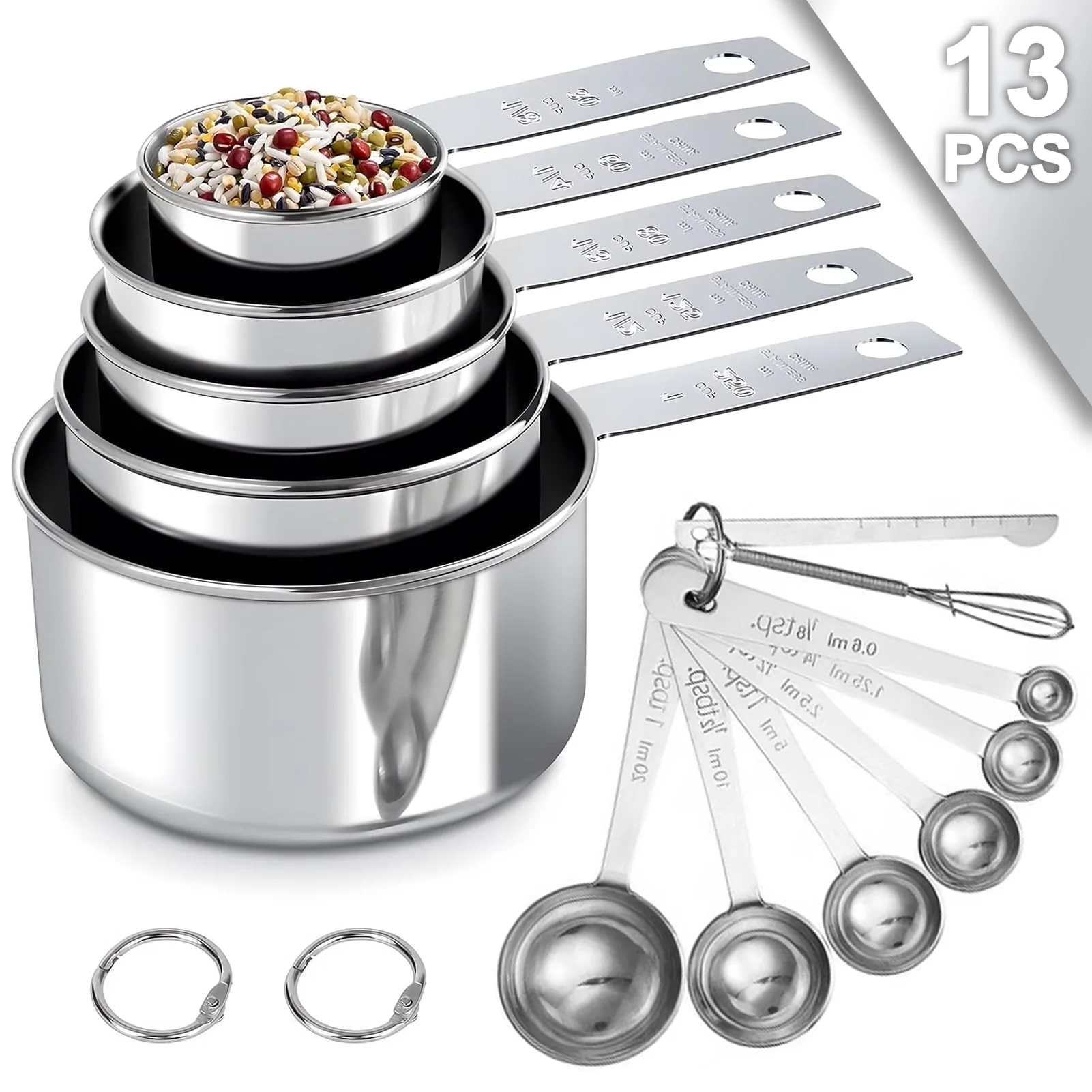Square 13-Piece Stainless Steel Measuring Cups and Spoons Set. 5 Stainless Steel Measuring Cups.6 Stainless Steel Measuring Spoons &1 Measuring Stick Leveler &1 Mini Egg Whisk. kitchen tools for Cook