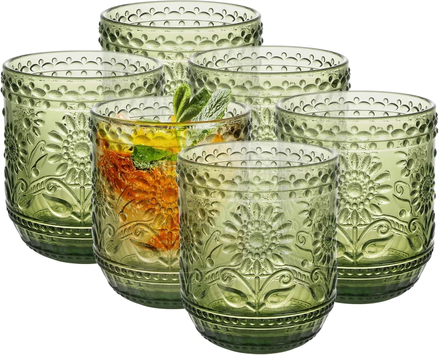 Vintage Drinking Glass Set of 4.12 oz Embossed Floral Drinkware Set.Green Drinking Glasses Cups Wine Glasses Colored Glassware for Whisky.Beer.Juice.Cocktail.Heavy Duty