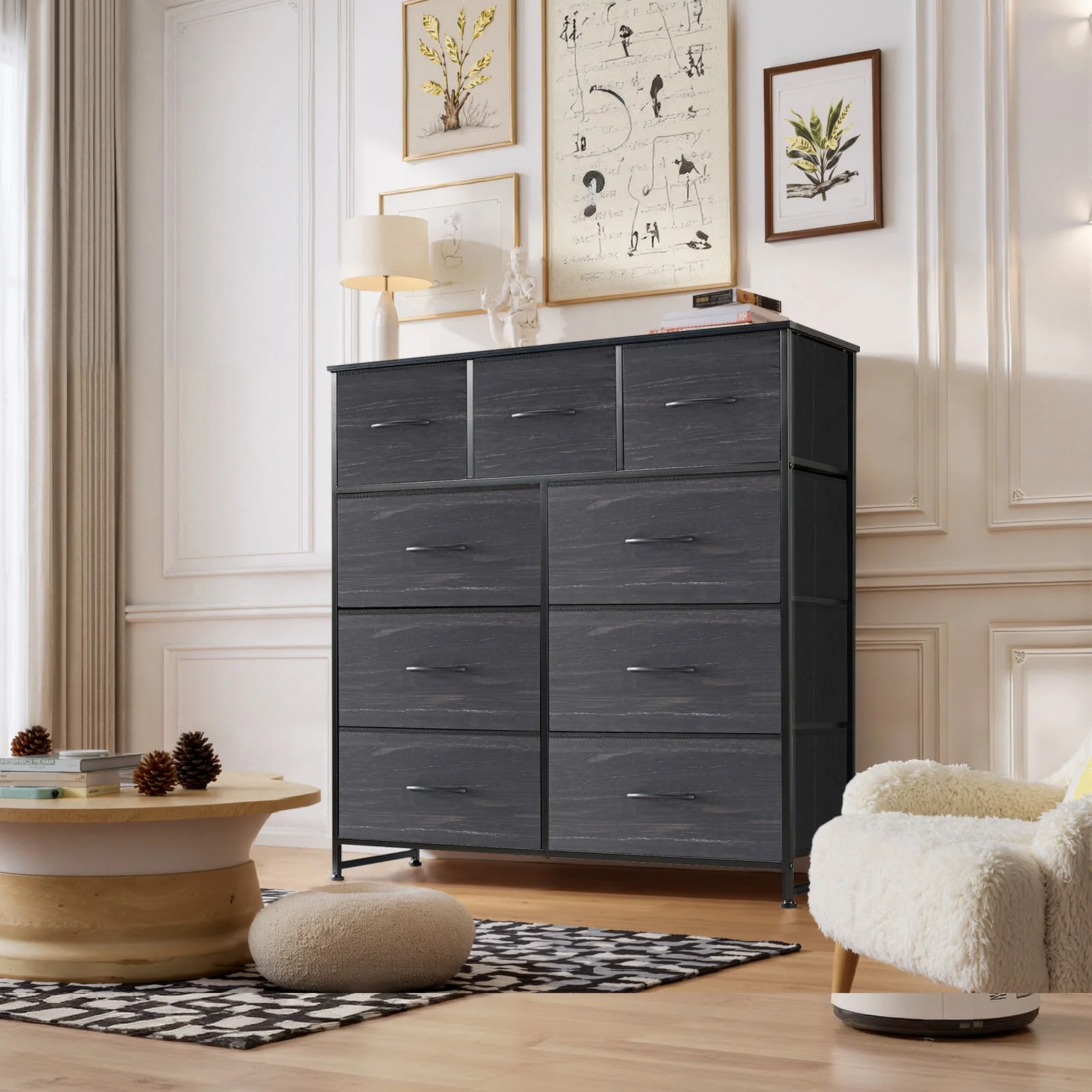 Dresser. Storage Organizer with 9 Drawers for Bedroom. Chest of Drawer with Fabric Bin. Sturdy Metal Frame. Wood Top for Closet. Nursery.Black