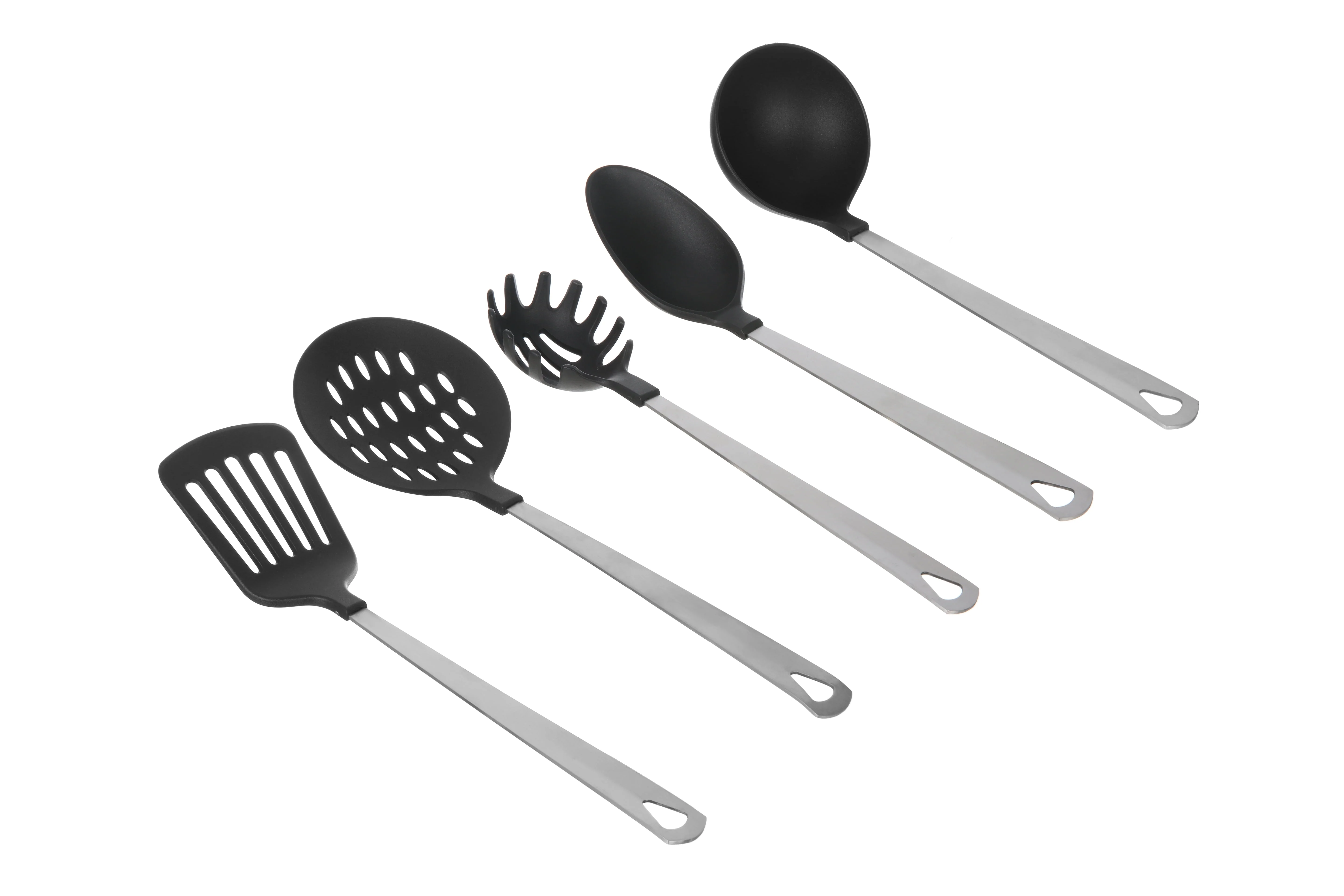 Stainless Steel and Nylon Kitchen and Cooking Utensil Set. Spoon. Spatula. Ladle. Pasta Spoon and Skimmer Assorted Colors