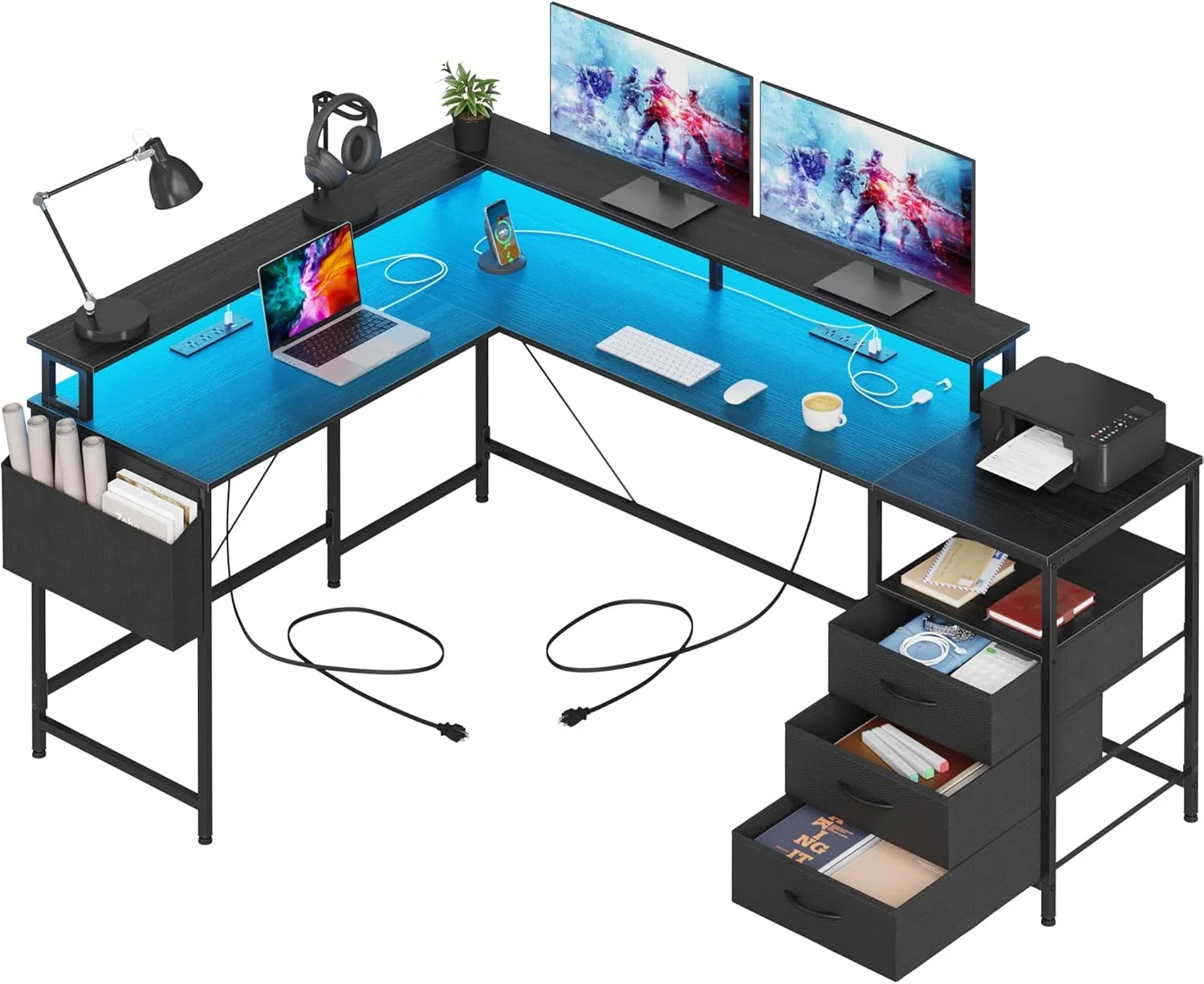 3 Drawers L Shaped Desk 63 Inch. 2 Power Strips (6 AC) and LED. Large Gaming Desk & 2 Monitor Stands. L Shape Computer Desk. Stable and Sturdy Home Office Desk. Fabric Drawers. Black