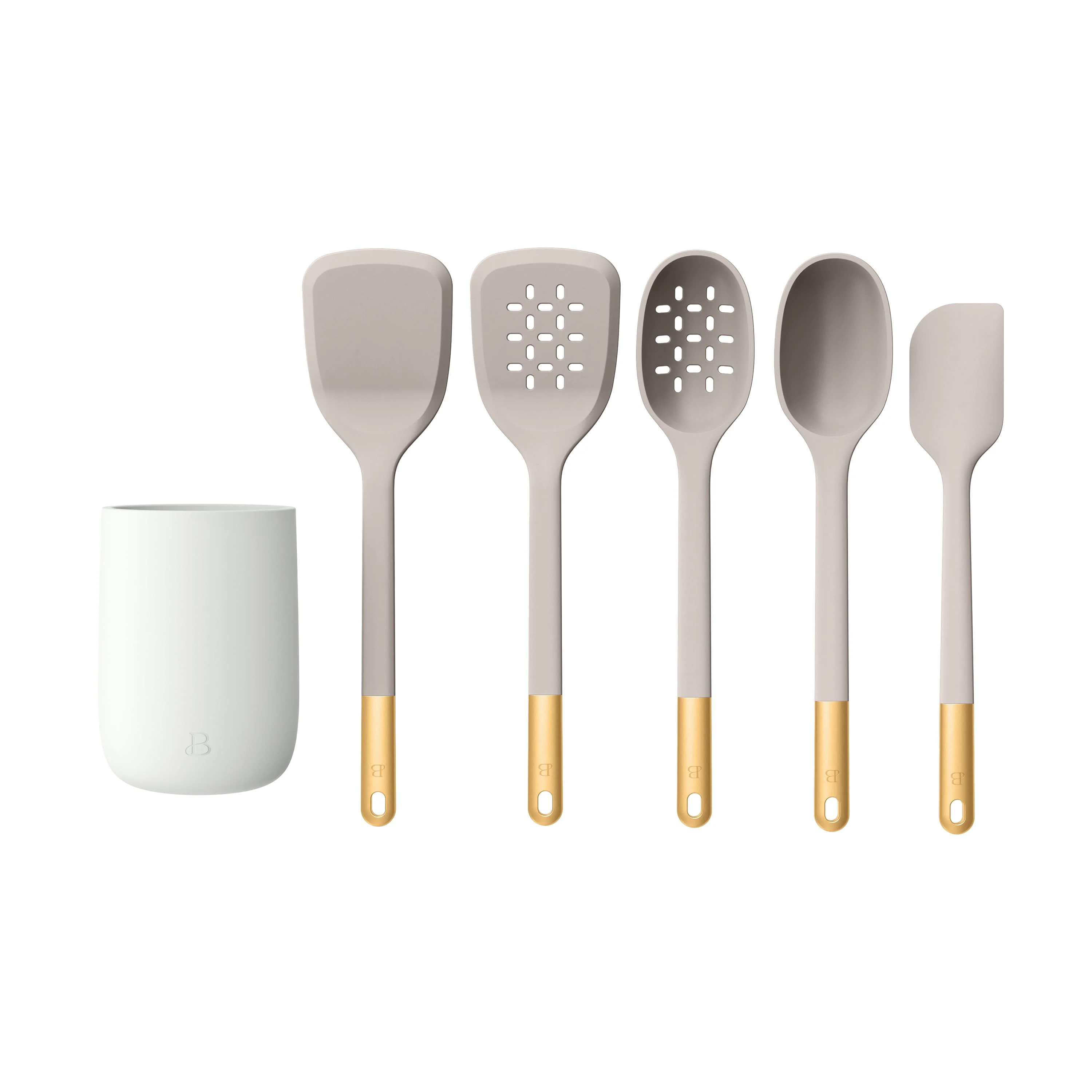 6-Piece Silicone Tool Set with Ceramic Crock. Porcini Taupe by Drew Barrymore