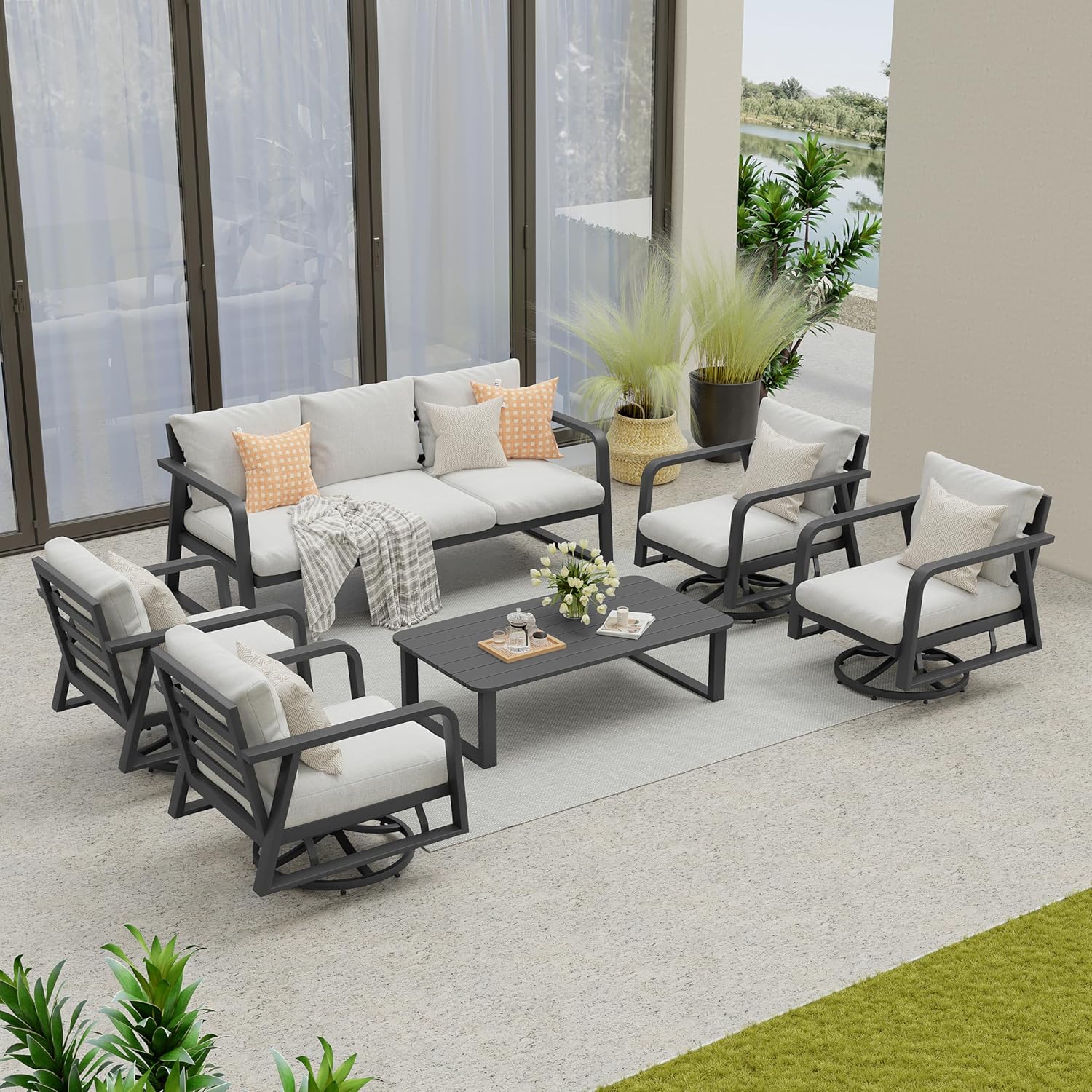 Outdoor Patio Furniture Set 4-Piece. Aluminum Swivel Rocking Chairs with All-Weather Cushions. Modern Patio Conversation Set for Deck. Porch. Garden (Dark Grey)