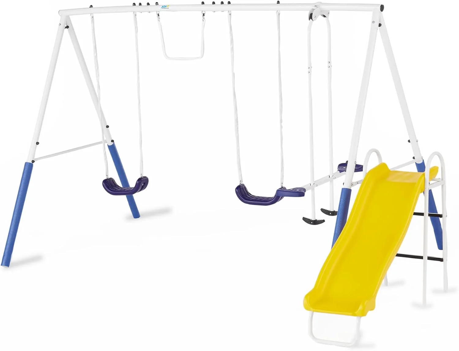 Recreation Blue Ridge Backyard Playground Set Sturdy Metal A Frame Swing with Chain Covers. Glider. Trapeze. 2 Swings. and Slide. Multicolor