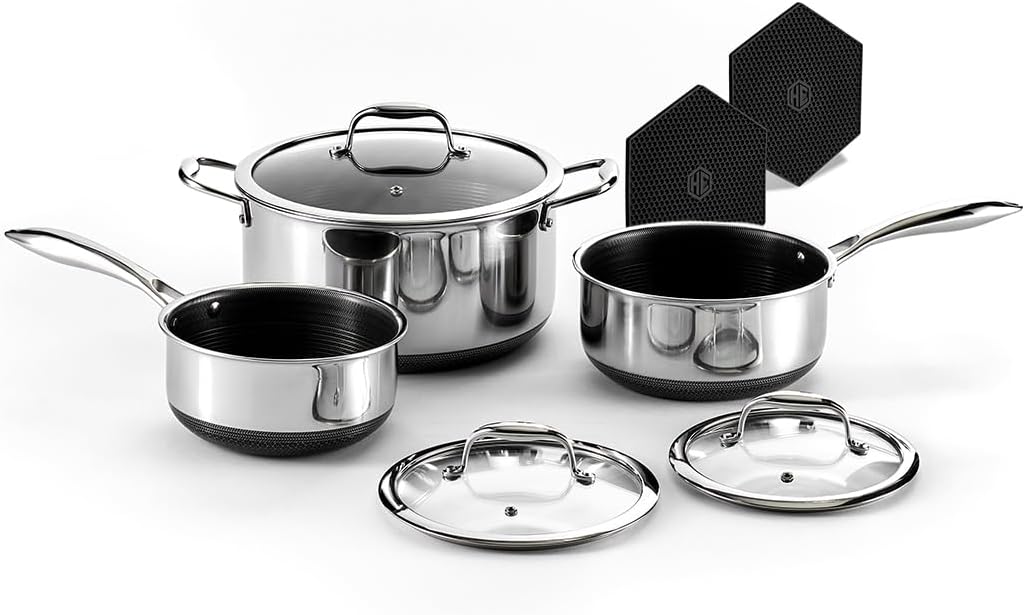 Hybrid Nonstick 6-Piece Pot Set with 2 Silicone Trivets. 2. 3. and 8-Quart Pots with Tempered Glass Lids. Stay-Cool Handles. Dishwasher-Friendly. Induction-Ready. Compatible with All Cooktops