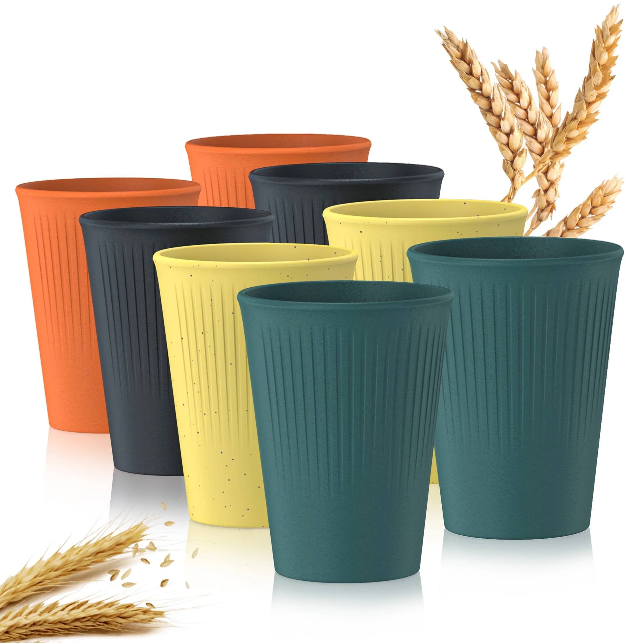 Wheat Straw Unbreakable Cups Set of 8. 12 OZ Drinking Glasses. Plastic Cups. Drinking Cups. Water Glasses. Multicolor