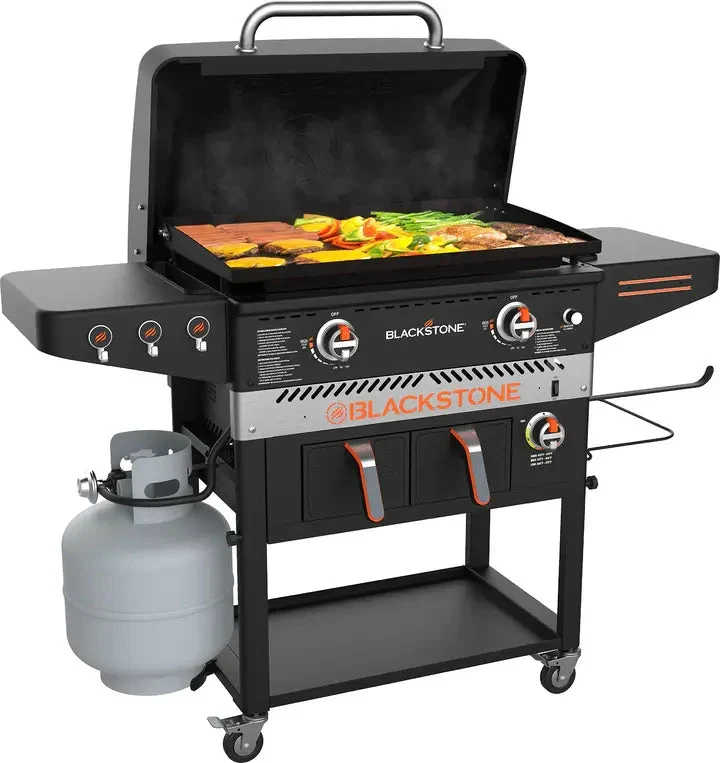 Blackstone 1962 Air Fryer Combo & Two Burners Stainless Steel Gas Hood. Wheels. Two Side Shelf ?C Heavy Duty Outdoor Griddle Station for Backyard. Patio. 28 inch Black