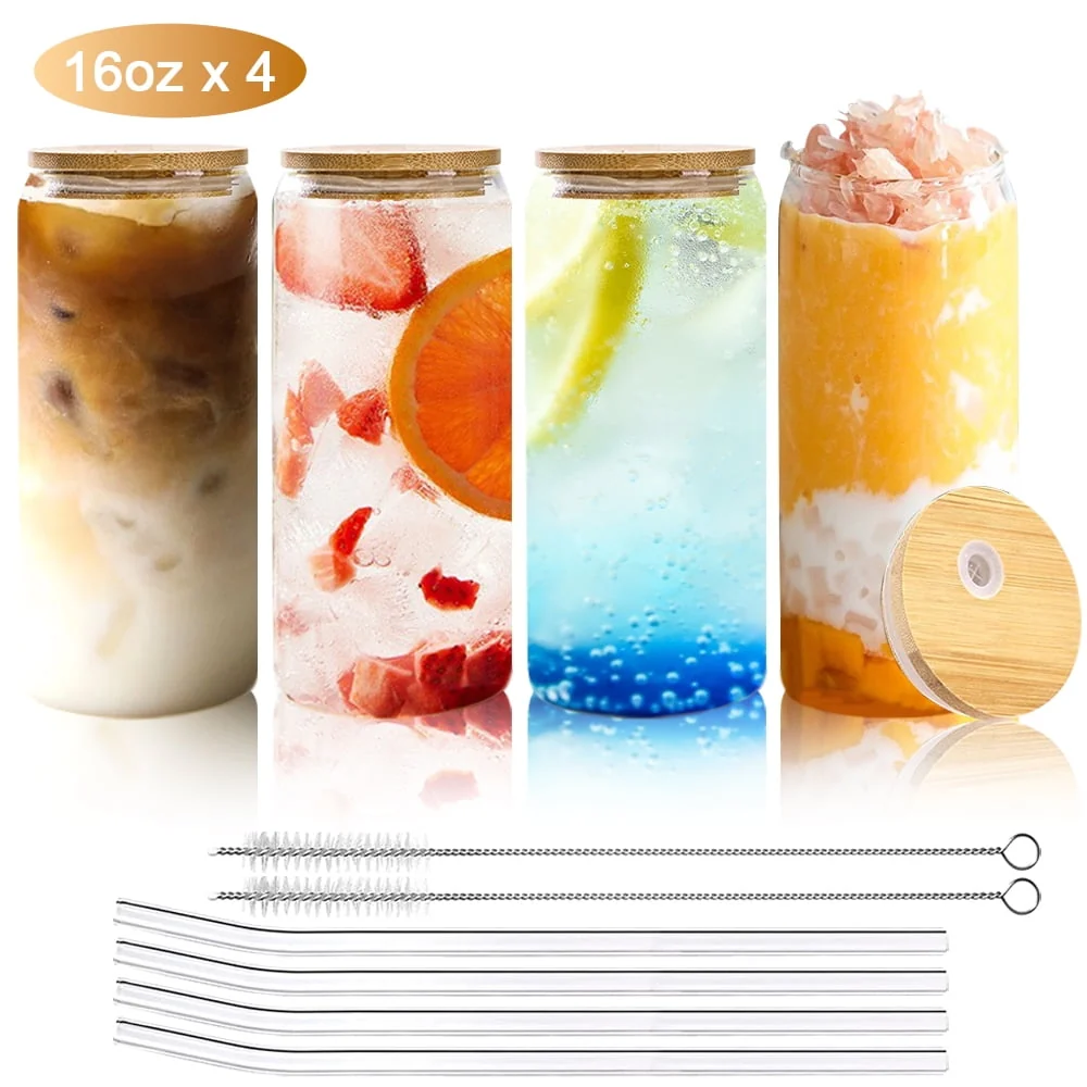 16 oz Glass Cups with Bamboo Lids and Glass Straws. Drinking Glasses Set of 4. Beer Can Shaped Glasses with 2 Cleaning Brushes