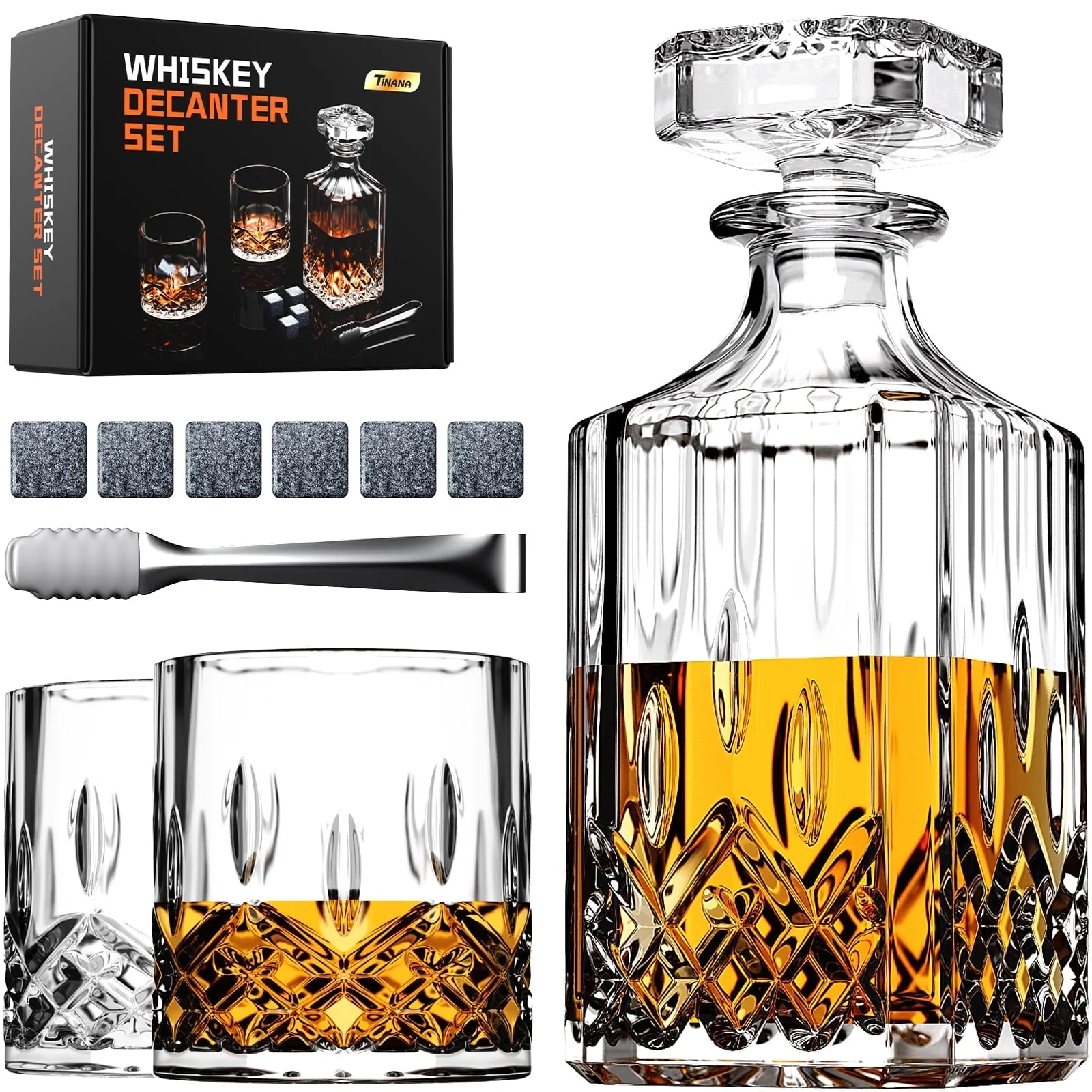 Whiskey Decanter Set with Glasses and Whiskey Stones. Whiskey Decanter Sets for Men. Valentine's Day Gift. Anniversary Birthday Gifts for Father Mother Husband