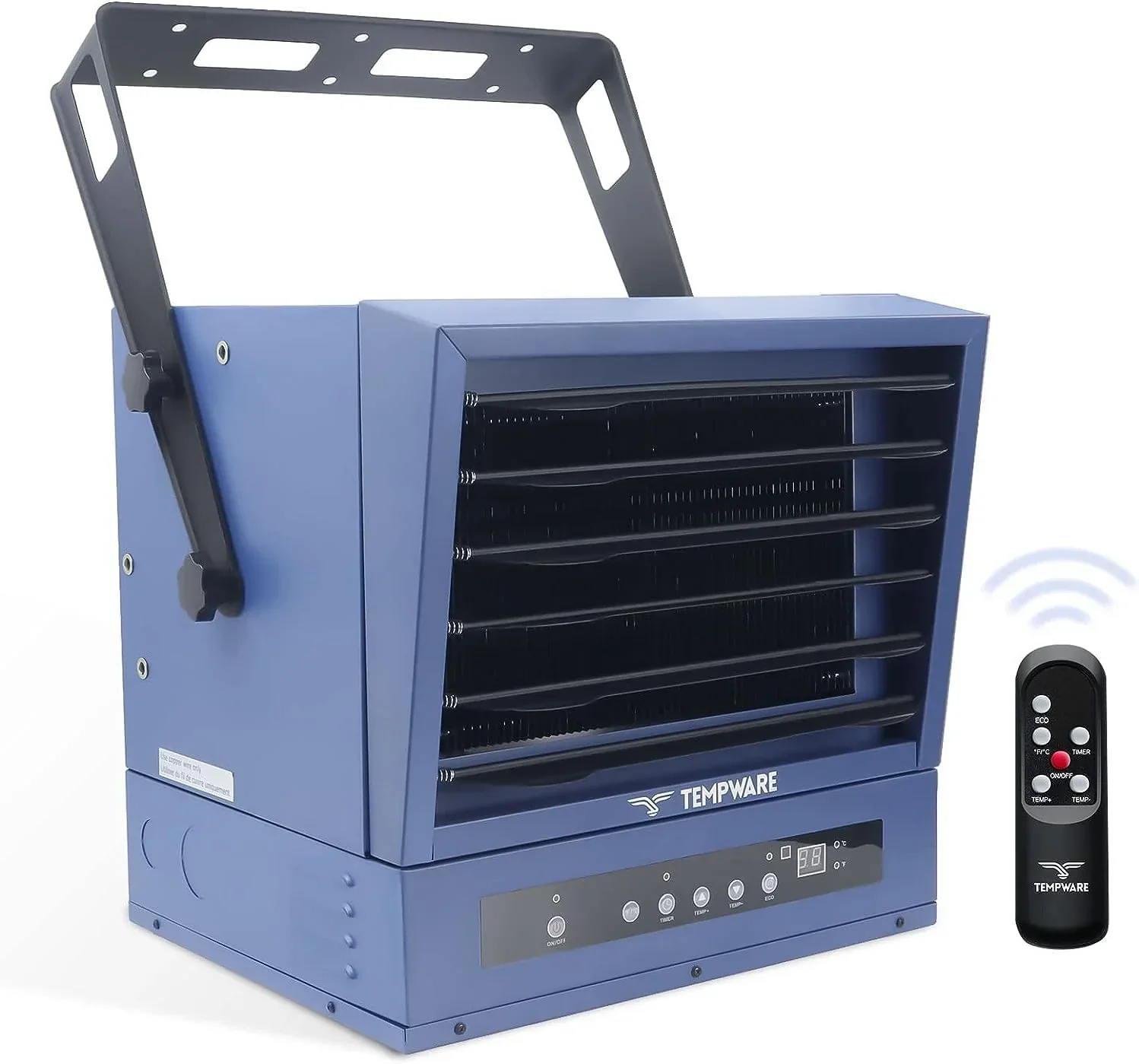 Electric vehicle garage heater. 7500-watt digital display fan-driven ceiling-mounted work area heater. featuring full-function remote control. 240-volt wired installation. with a 12-hour timer. is highly suitable for use in workplaces.