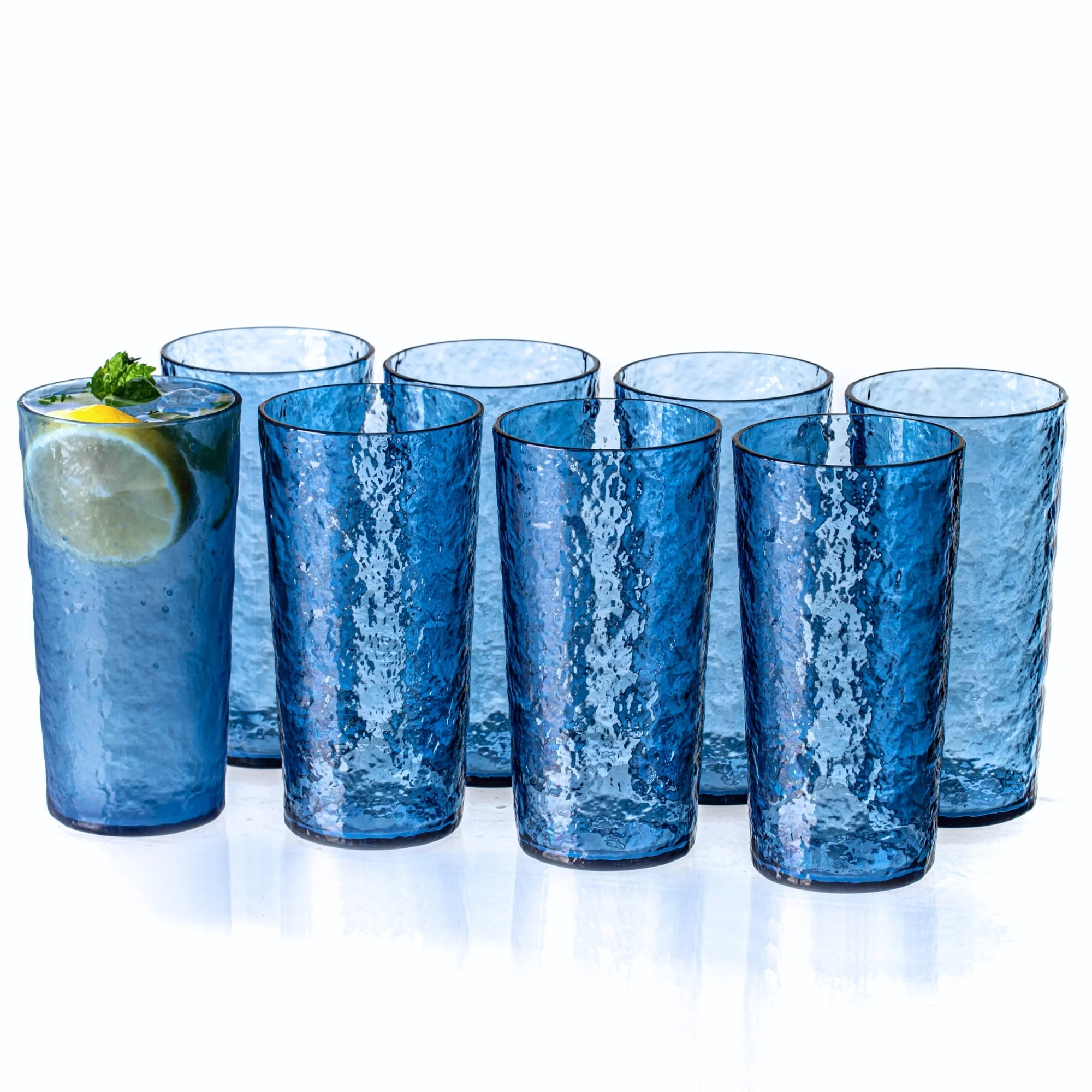18oz Blue Acrylic Glasses Drinkware (Set of 8). Ice-Carved Shatter-Proof Plastic Tumblers