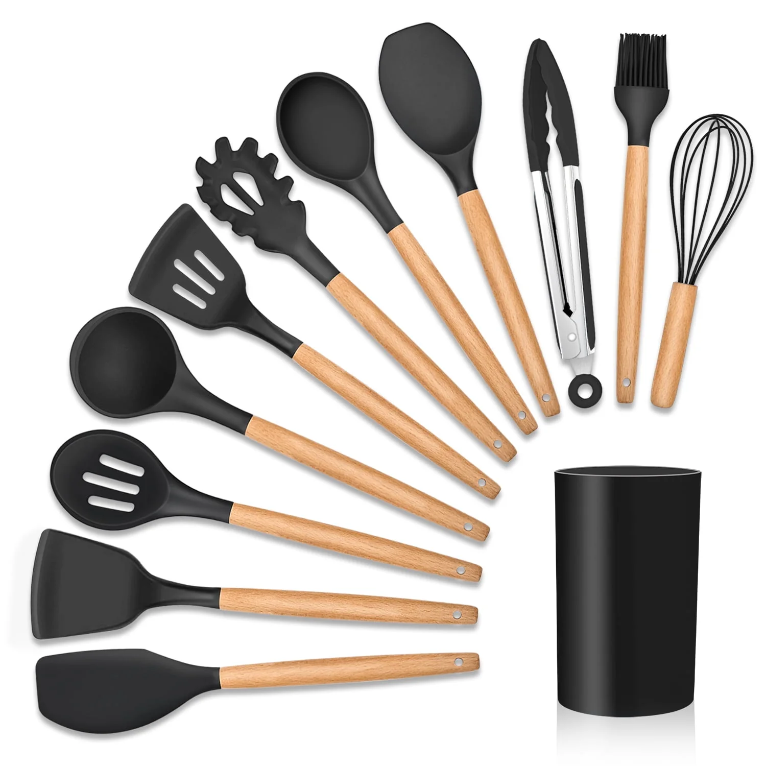12-Piece Silicone Kitchen Cooking Utensils Set with Holder. Wooden Handle Utensils for Cooking. Kitchen Tools Include Spatula Turner Spoons Soup Ladle Tong Whisk. Black