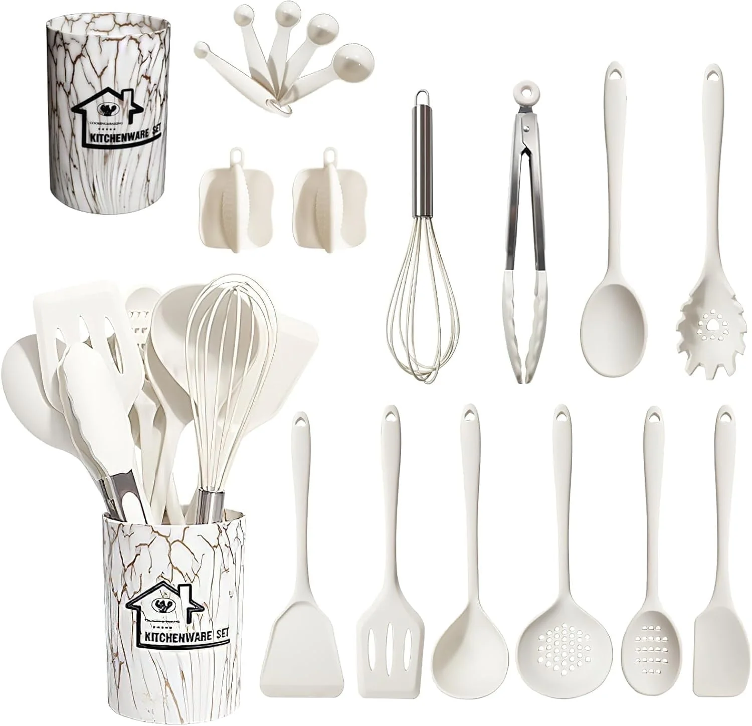 18PCS Silicone Cooking Utensils Set - 446??F Kitchen Utensils.Turner Tongs.Spatula.Spoon.Brush.Whisk.Kitchen Utensil Gadgets Tools Set for Nonstick Cookware. - White