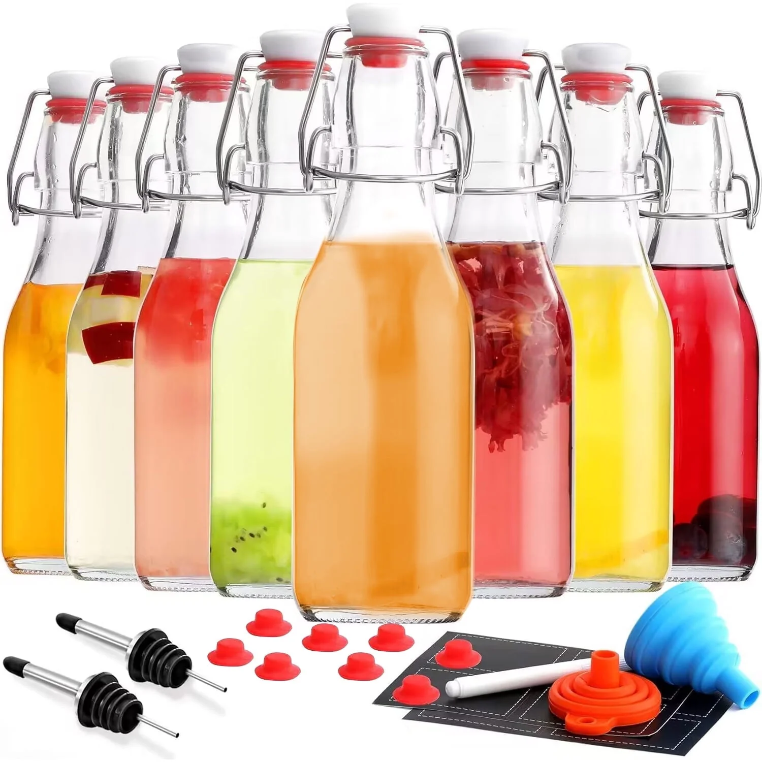 Swing Top Glass Bottles 8 Pack. 8.5 oz Flip Top Beer Brewing Bottle. Airtight Stopper Cap Lid. Bonus 2 Bottle Pourer for 2nd Fermentation. Kombucha. Kefir. Vanilla Extract. Coquito. Juice. Tea