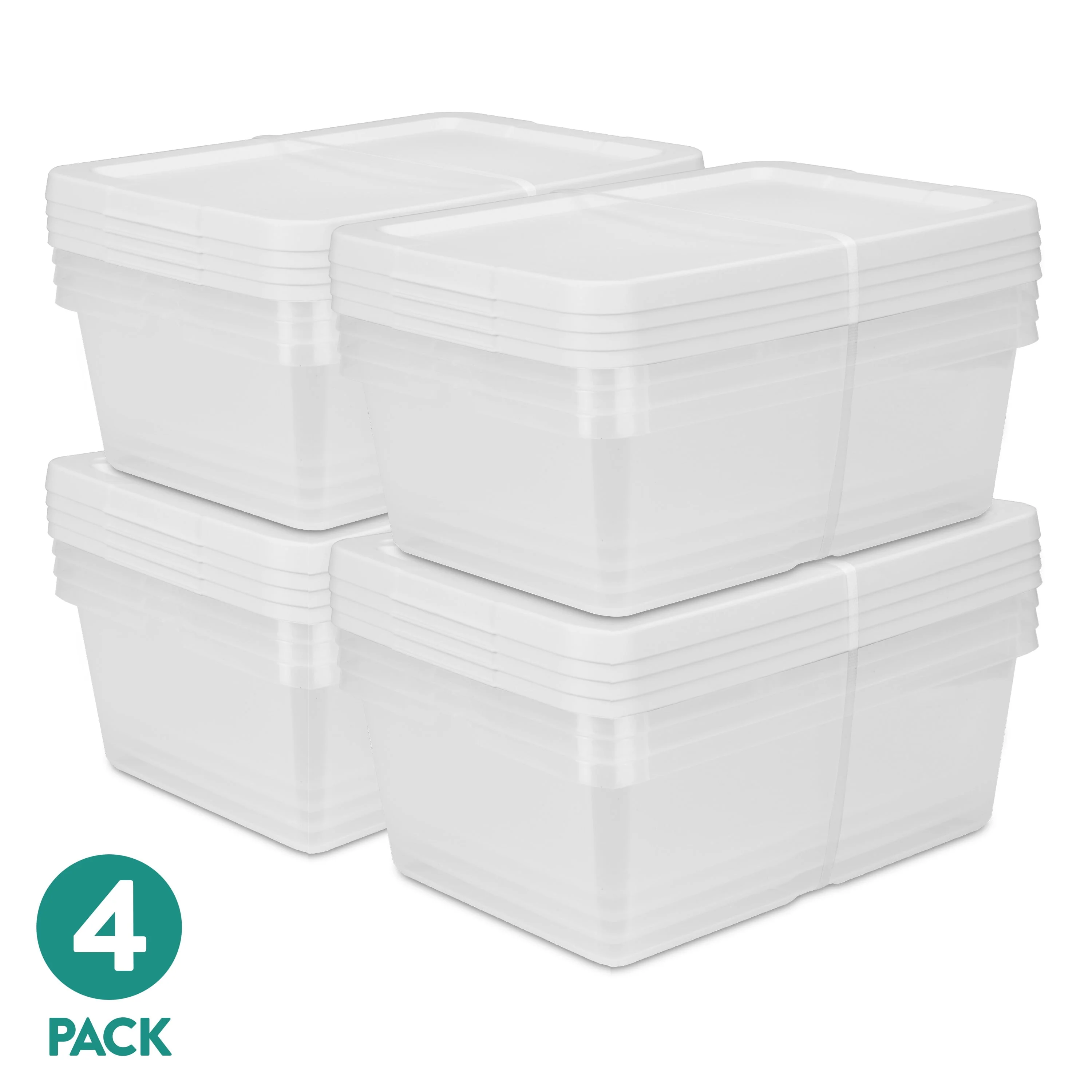 Set of (4) 12 Quart Storage Boxes. Clear Plastic Storage Bins with Snap-on Lid. White. 4 Pack