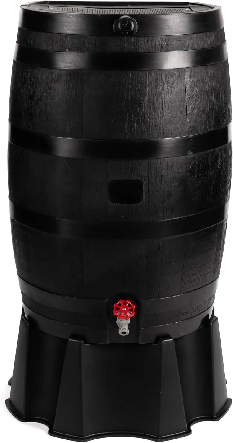 RTS Home Accents 50-Gallon ECO Rain Barrel Made with 100% Recycled Plastic. Flat Back Rain Water Collection Barrel. Black