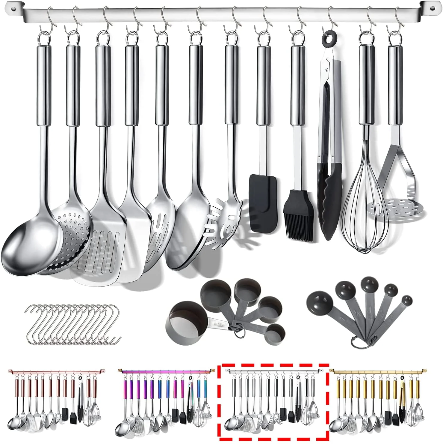 Kitchen Utensils Set 37 Pieces. Stainless Steel Cooking Utensils Set. Kitchen Gadgets Cookwarewith Hooks For Hanging Kitchen Tool Set