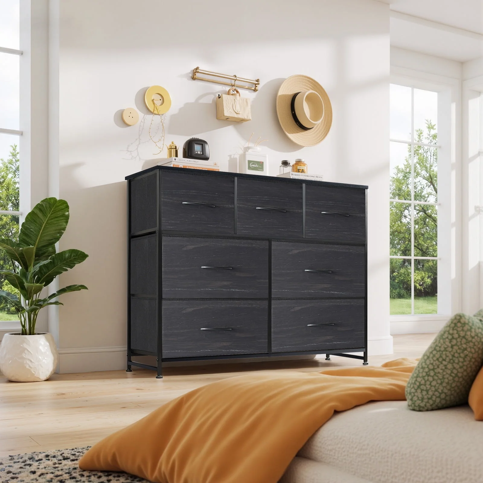 Dresser. Storage Organizer with 7 Drawers for Bedroom. Chest of Drawers with Fabric Bins. Sturdy Metal Frame. Wood Tabletop for Guest Room. Closet. Entryway. Nursery. Black