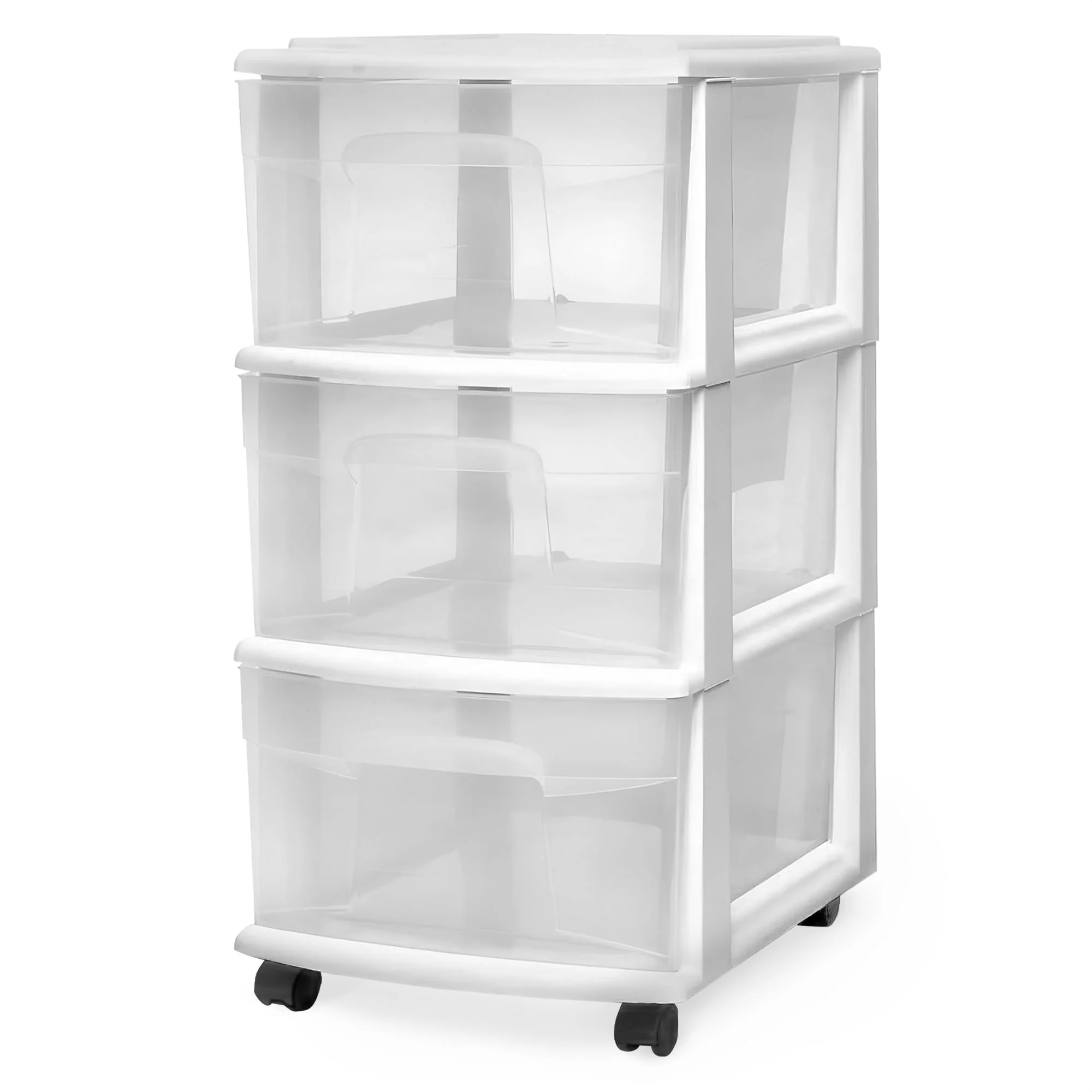 Drawer Tower. 3-Tier Clear Plastic Rolling Storage Cart. Removable Wheels. White