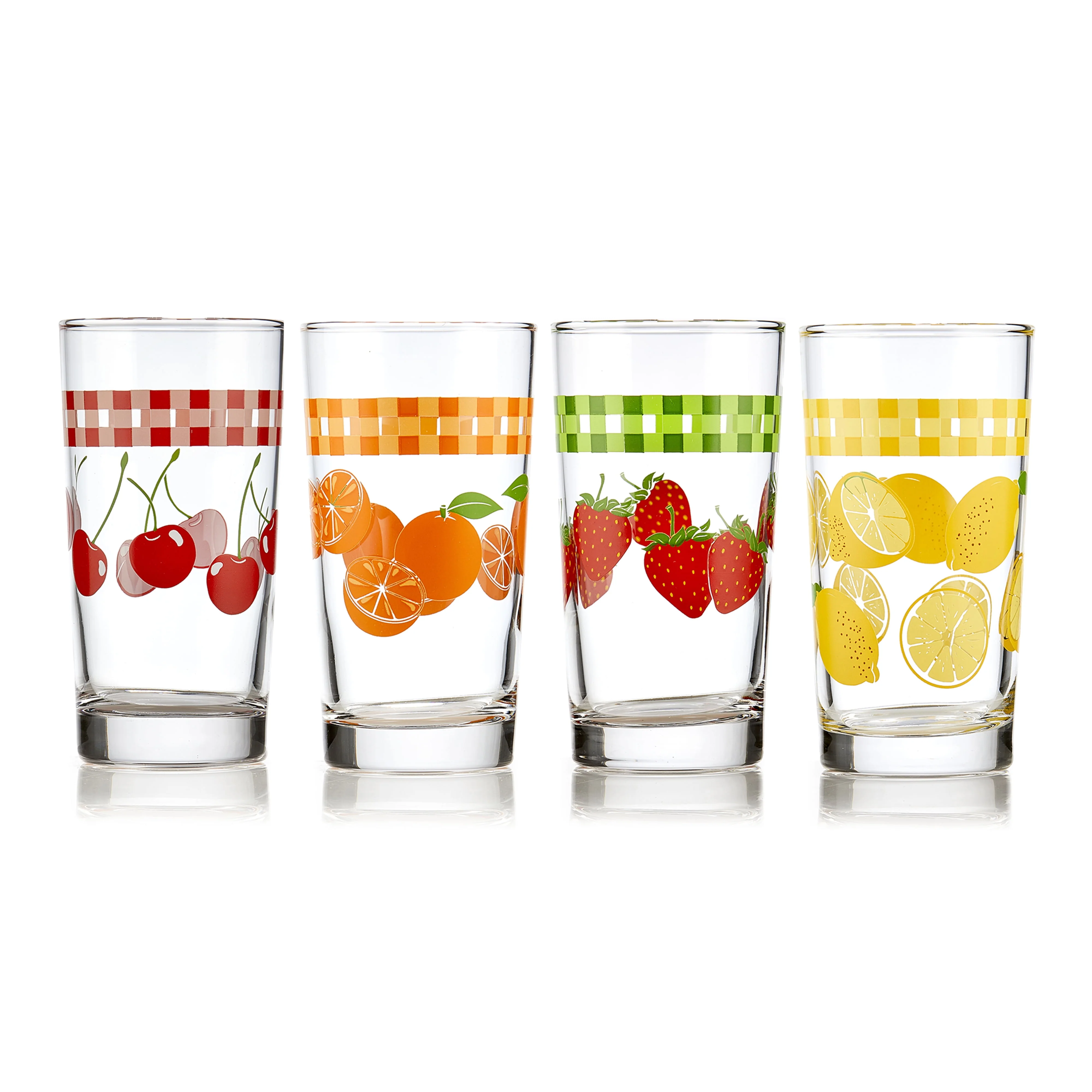 Vintage Juice Drinking Glasses Set of 4. Colorful. Retro Fruit Design Glass Cups Set. Water Glasses Set for Everyday Beverages
