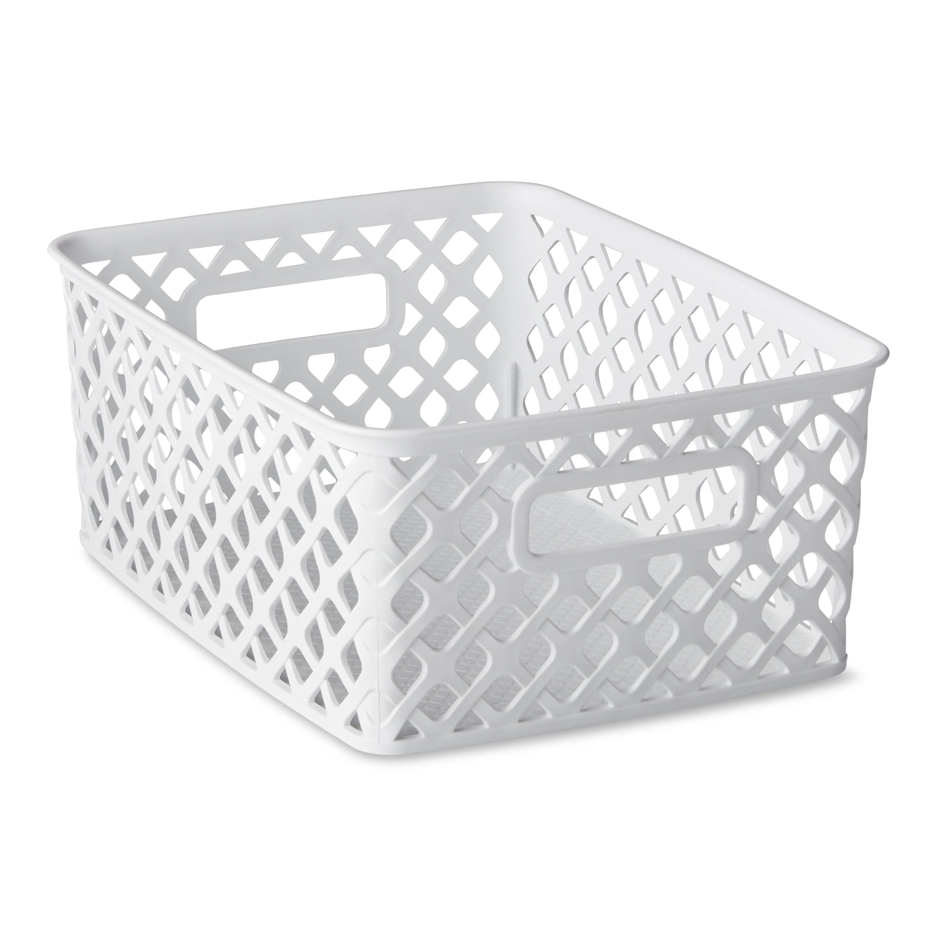 Small White Decorative Plastic Storage Basket. 10 in x 8 in x 4 in