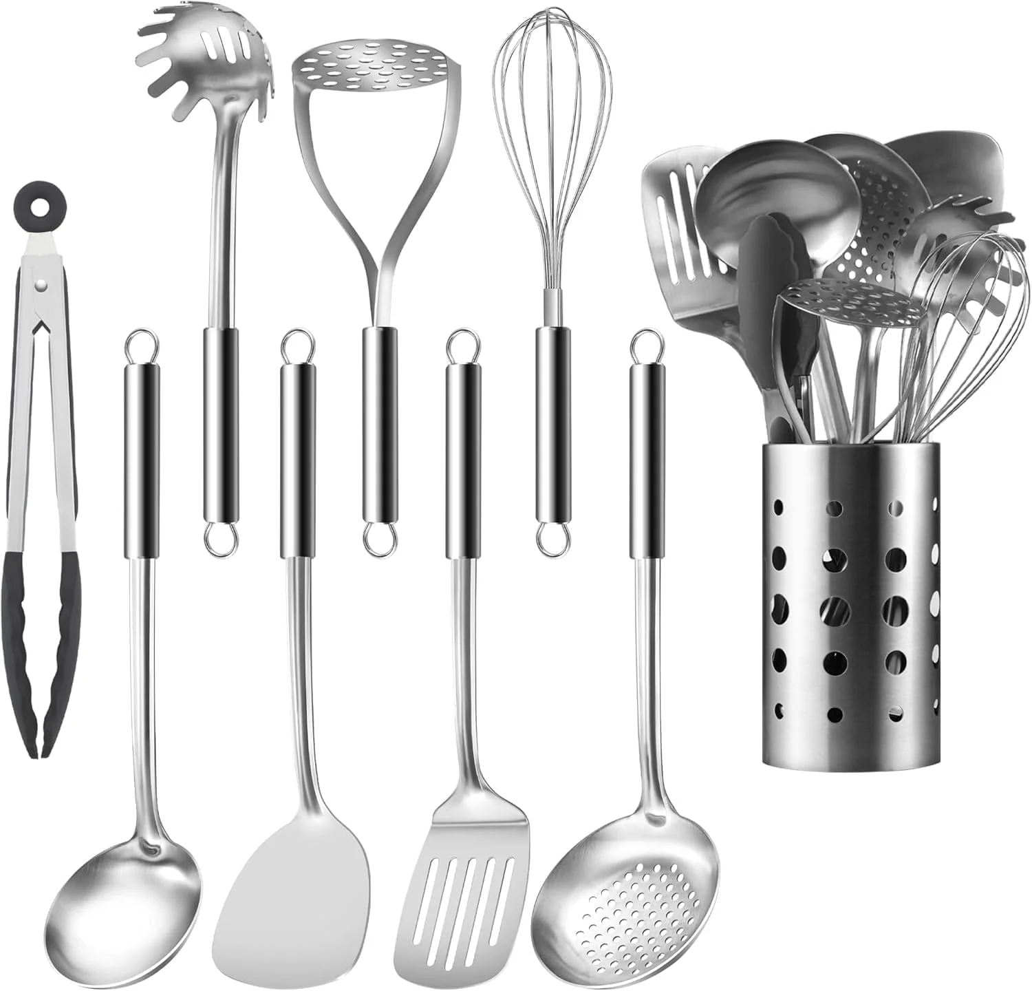 Cooking Utensils Set. 9 Pcs Stainless Steel Kitchen Utensils Set. Kitchen Tools Set. Spatula Sets w Utensil Holder. Wok Spatula.Ladle.Egg Whisk.Non-Stick And .