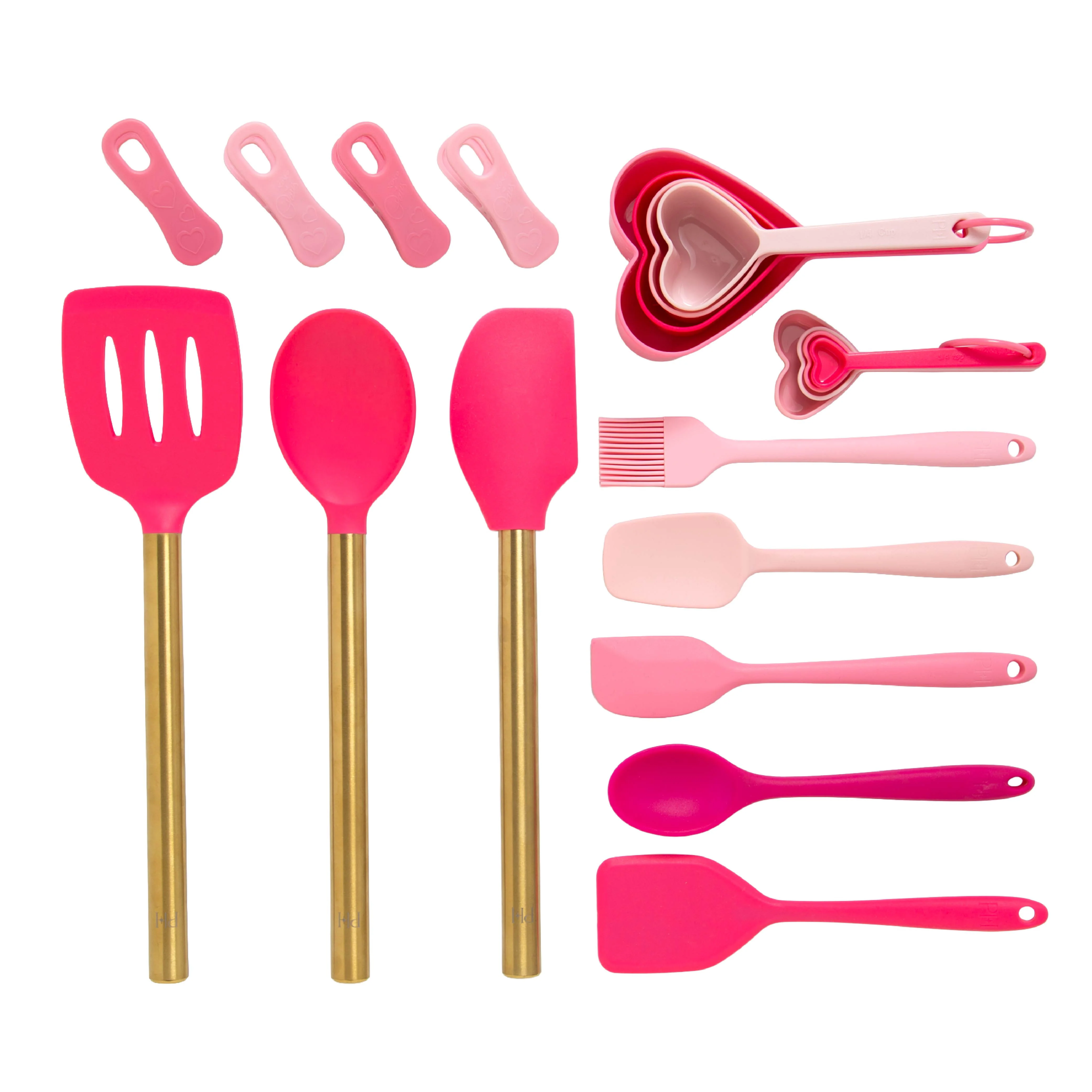 20-Piece Kitchen Gadget Set. Heart-Shaped Measuring Cups & Spoons. Silicone Tools & Bag Clips. . Pink