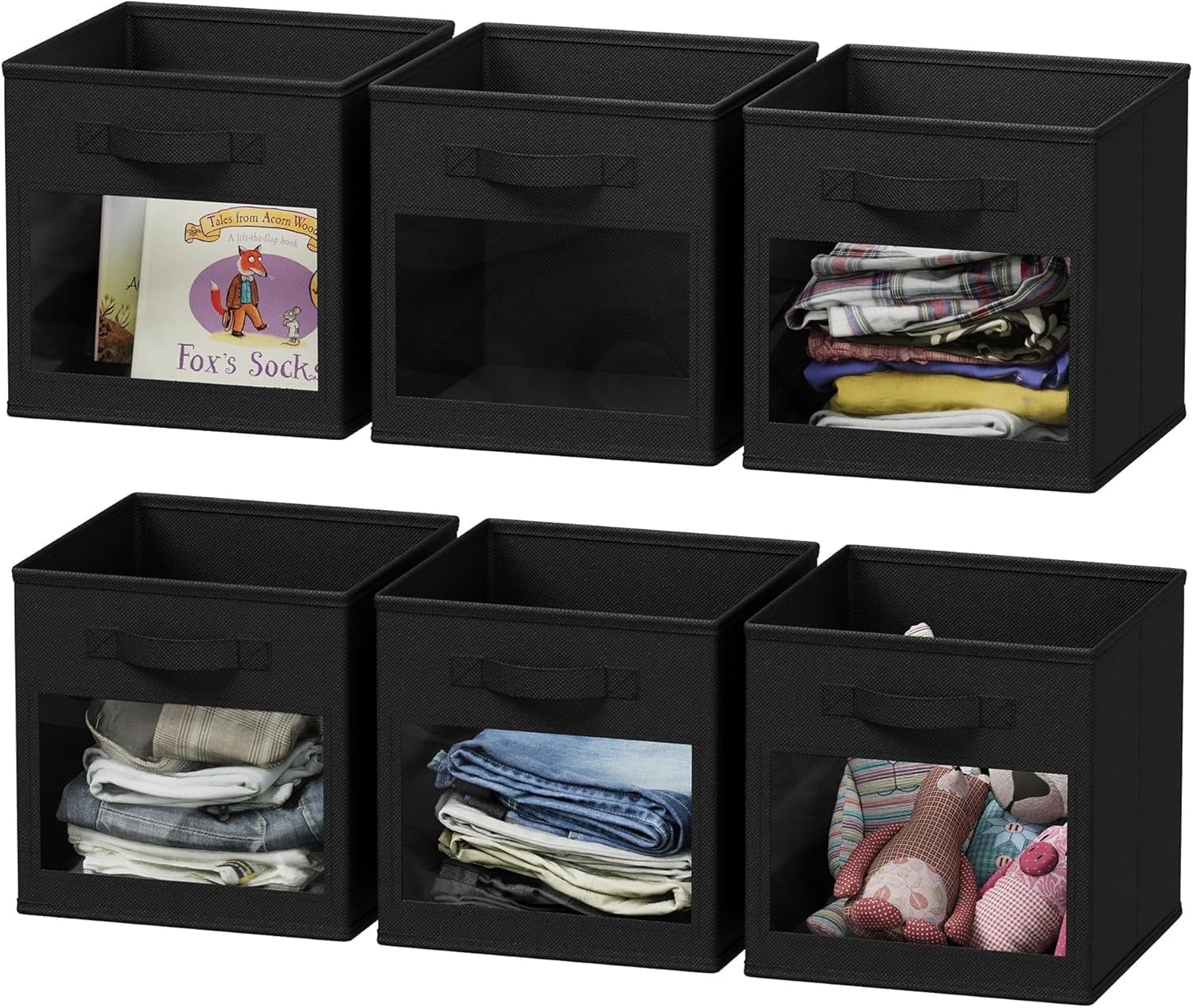 Storage Cubes with Clear Windows. Set of 6 Fabric Bins. 11 Inch. Black
